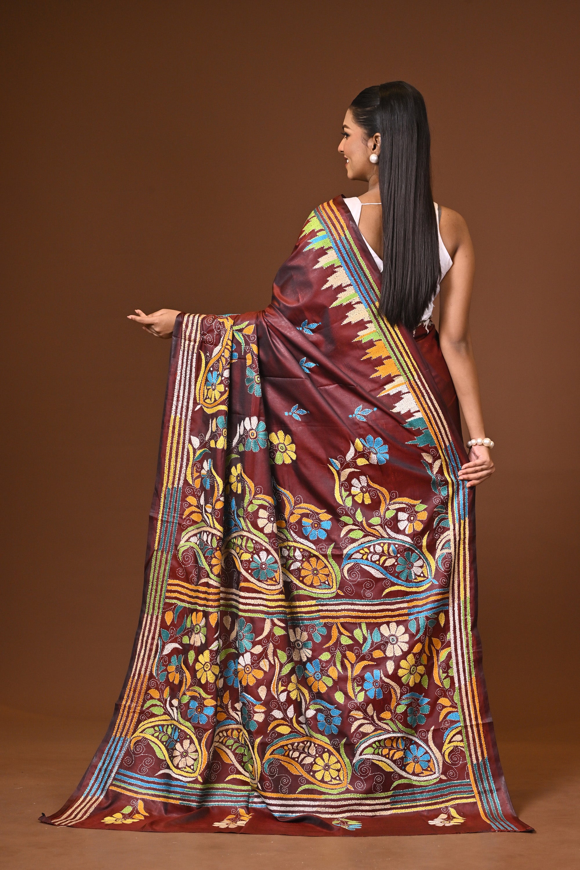 Blended Silk Kantha Stitch Saree Purple