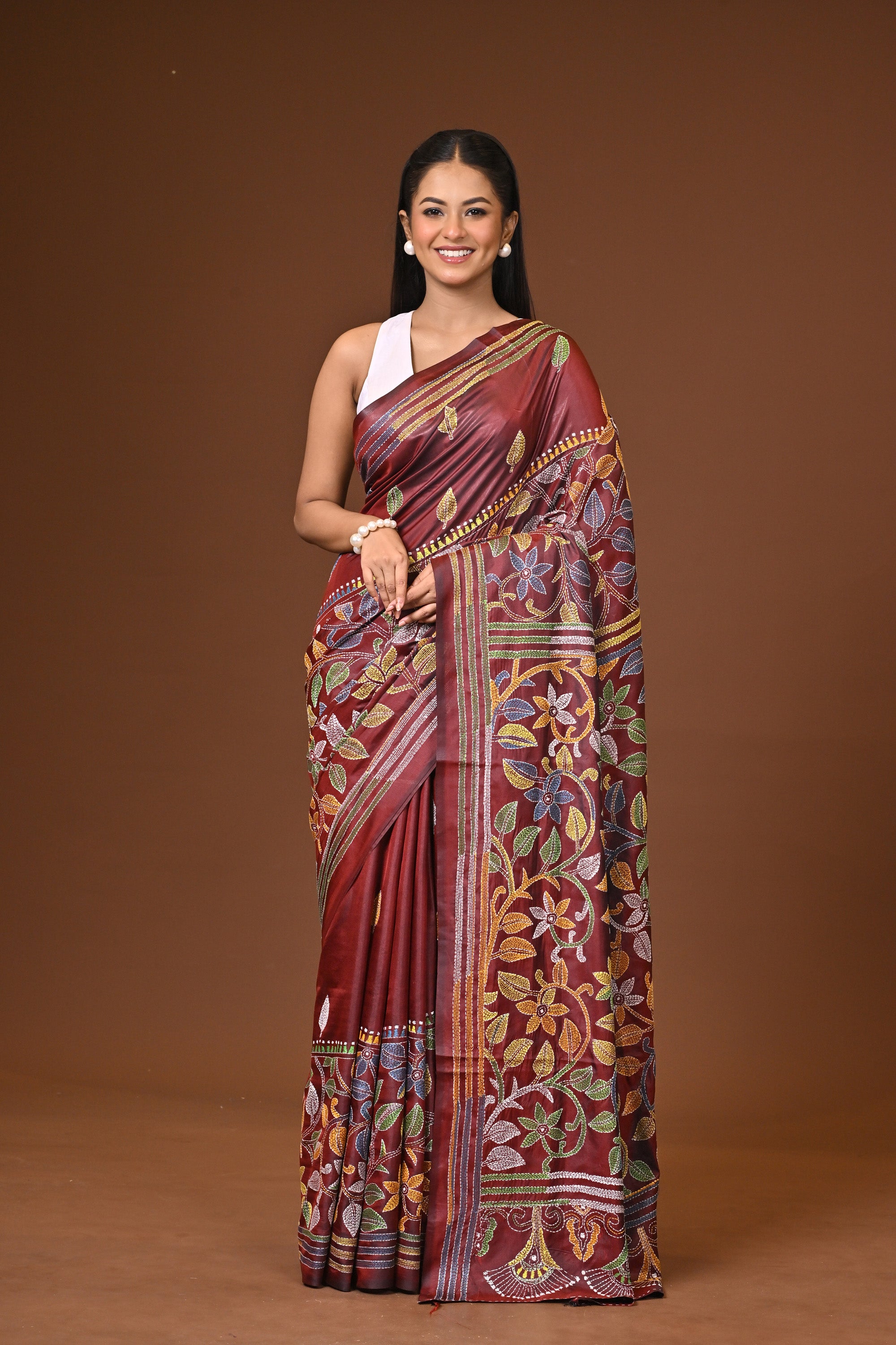Blended Silk Kantha Stitch Saree Brown