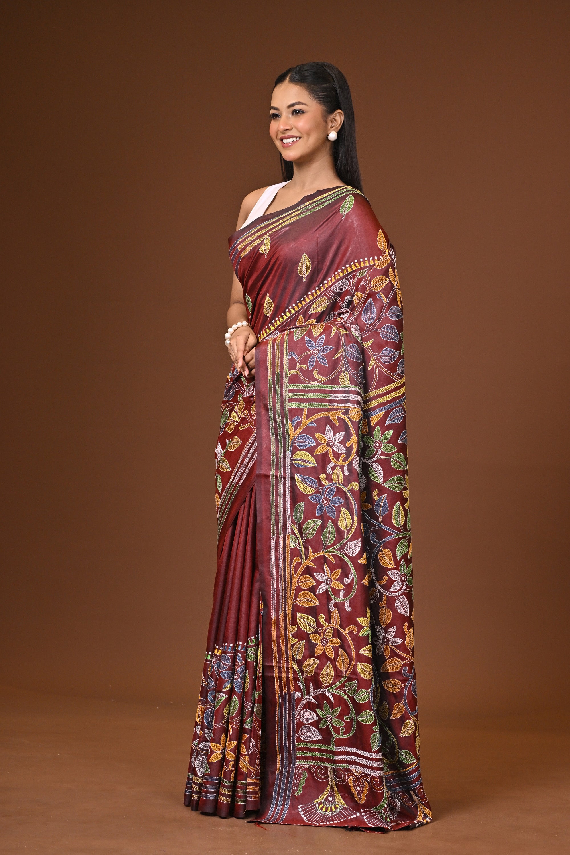 Blended Silk Kantha Stitch Saree Brown Thumbnail