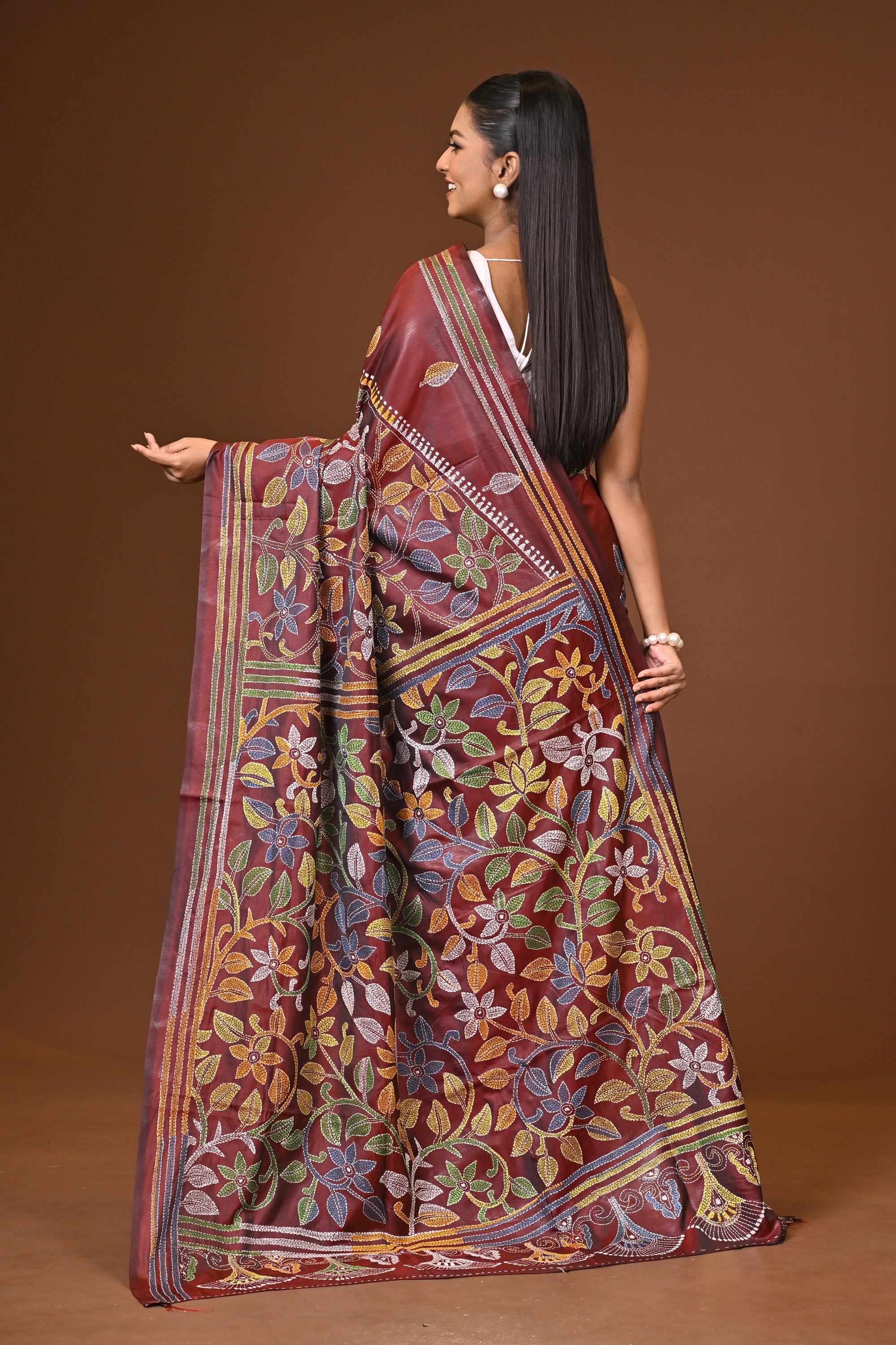 Blended Silk Kantha Stitch Saree Pink