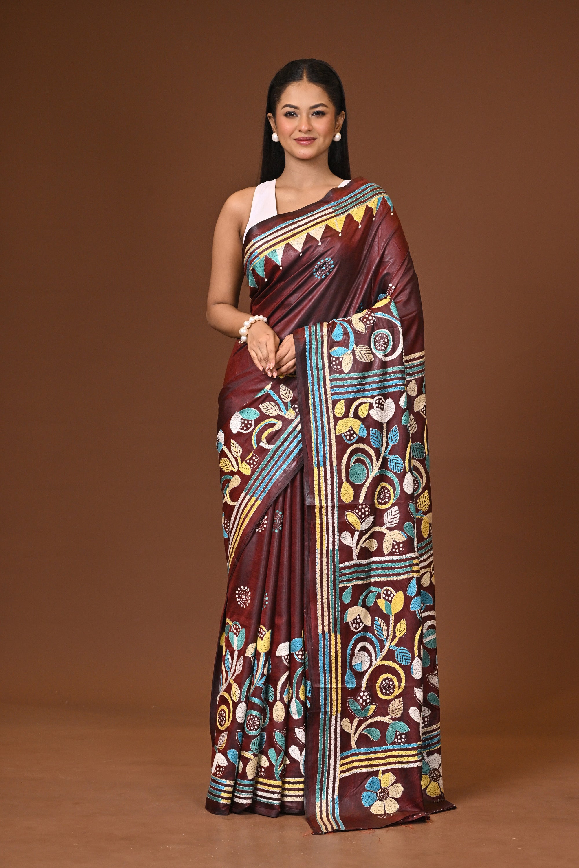 Blended Silk Kantha Stitch Saree Brown Thumbnail