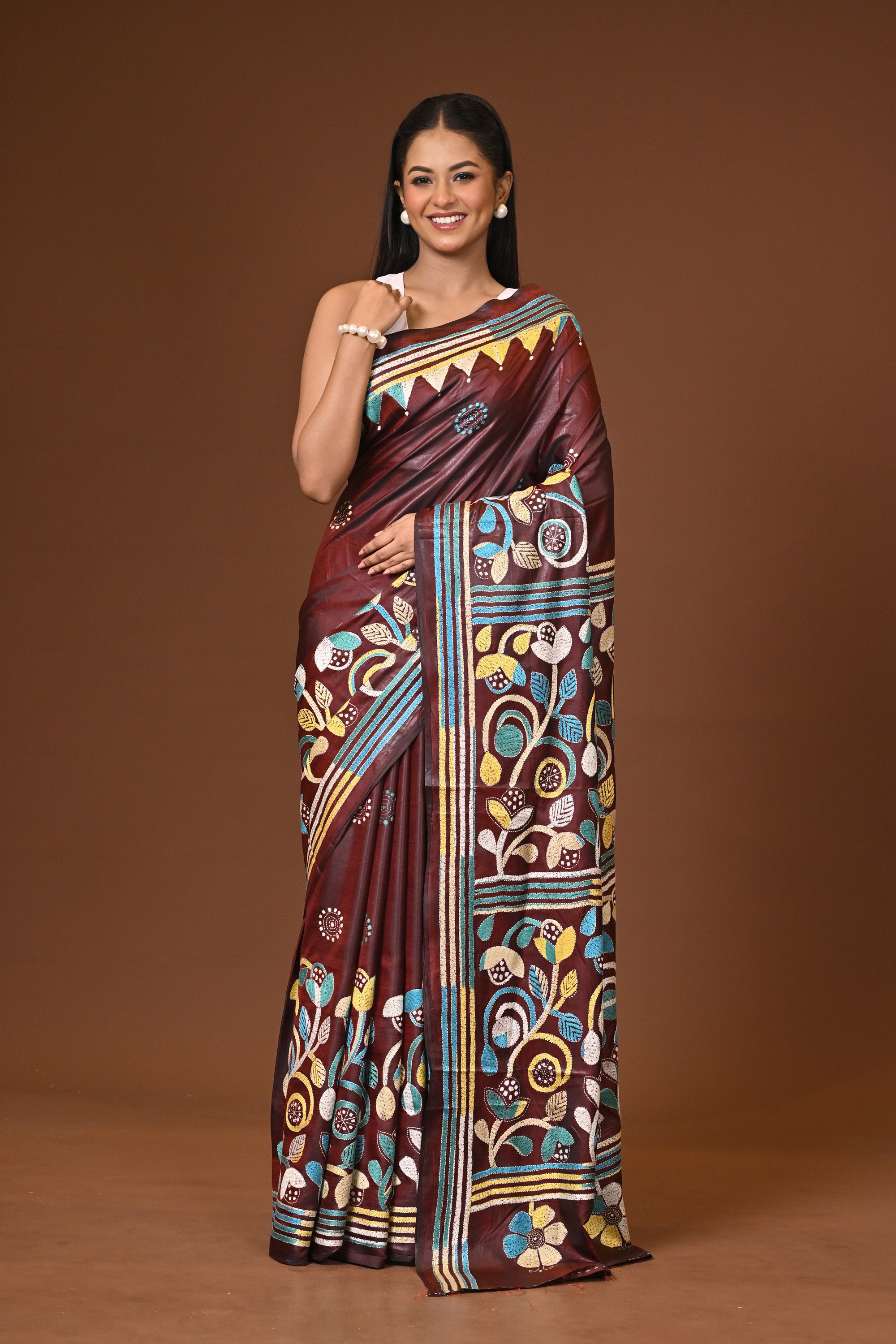 Blended Silk Kantha Stitch Saree Brown Thumbnail