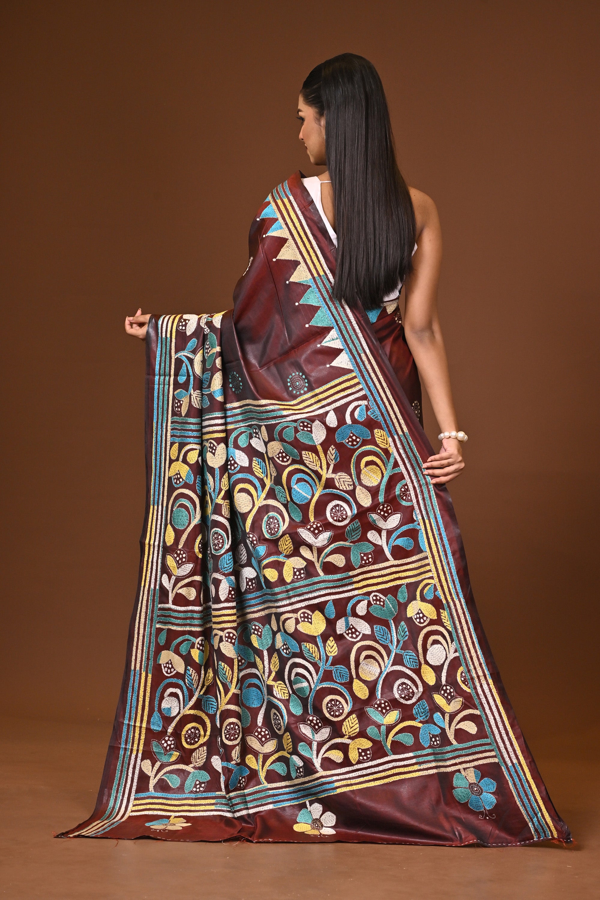 Blended Silk Kantha Stitch Saree Brown Thumbnail