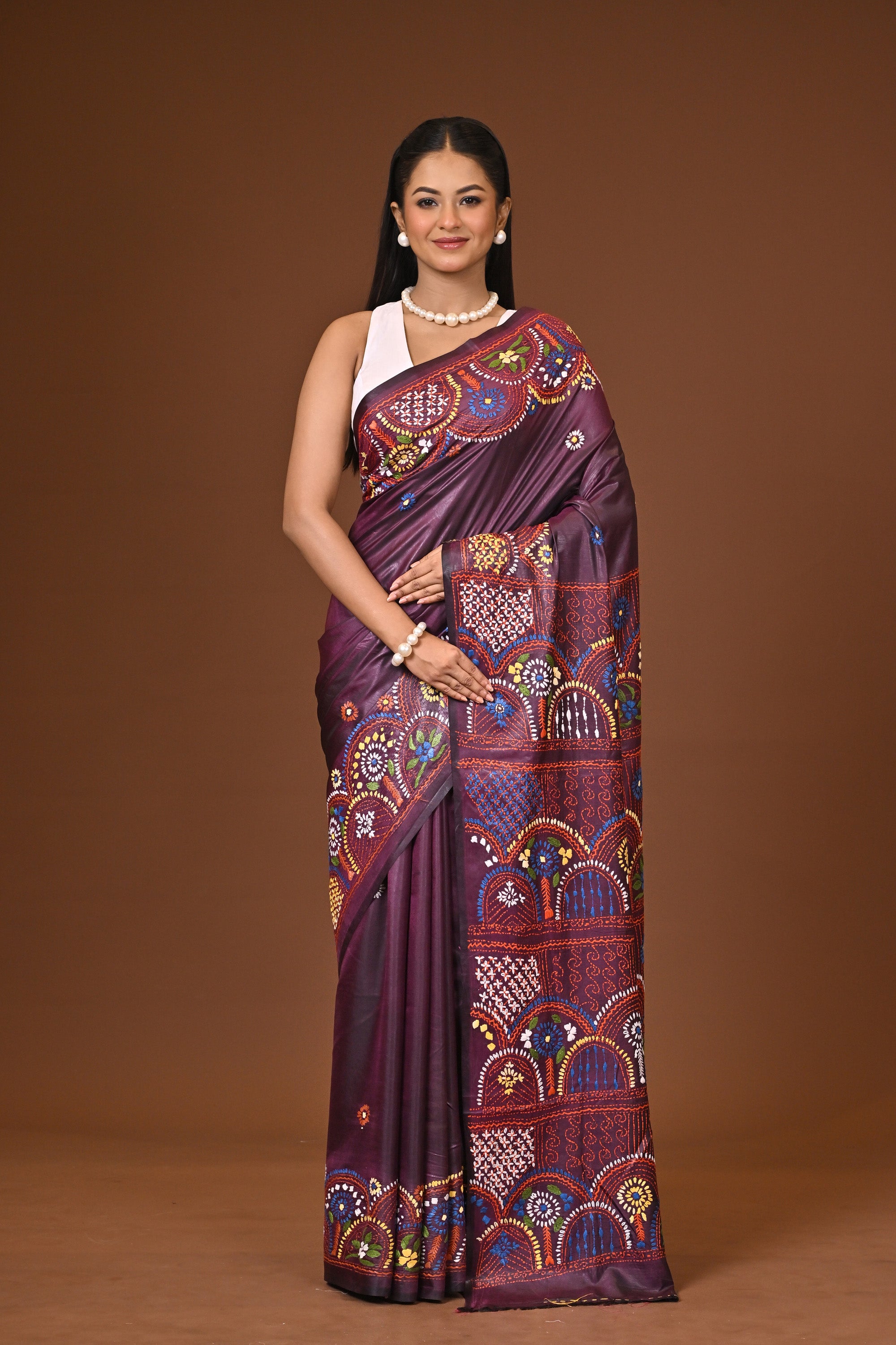 Blended Silk Kantha Stitch Saree Brown