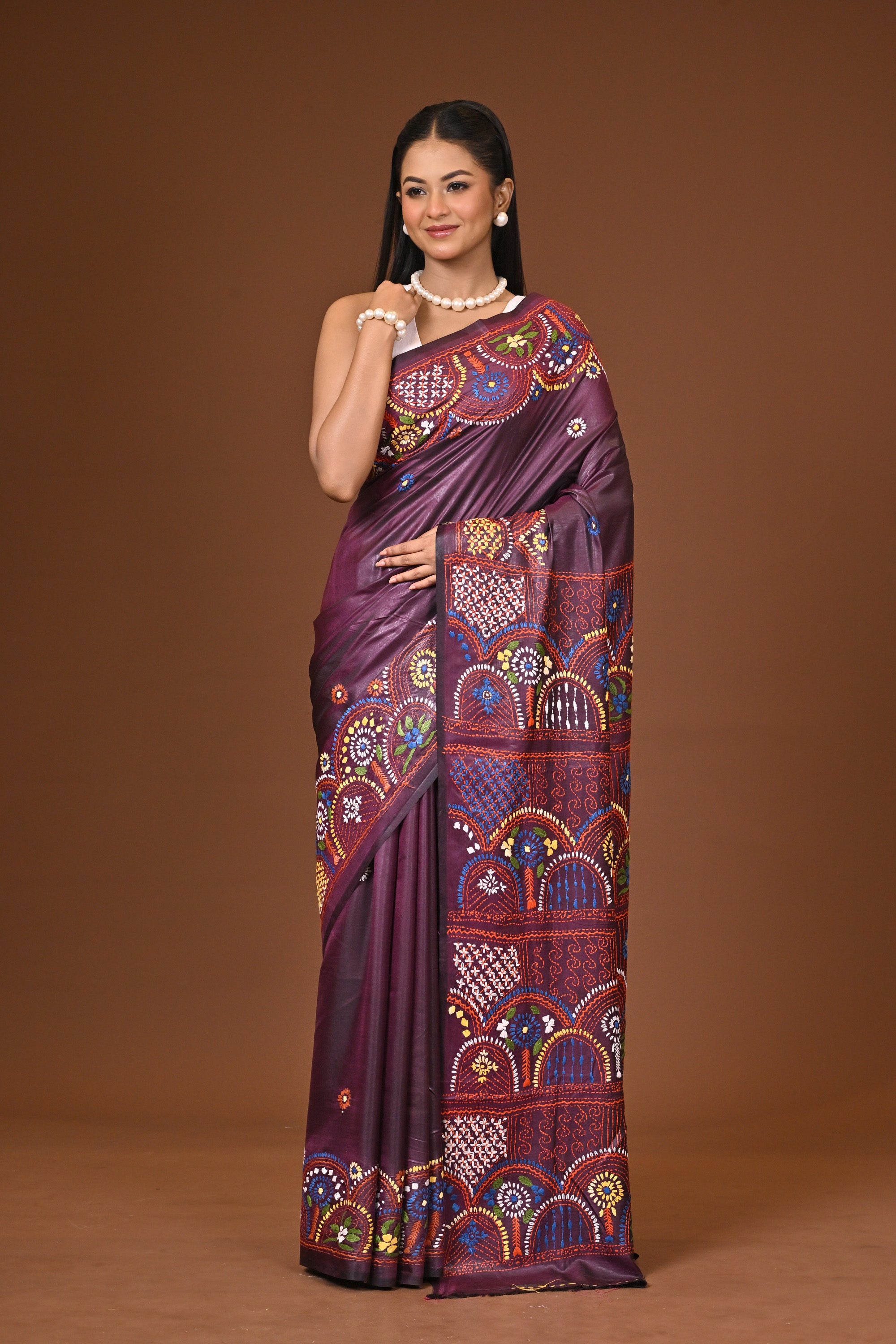Blended Silk Kantha Stitch Saree Brown Thumbnail