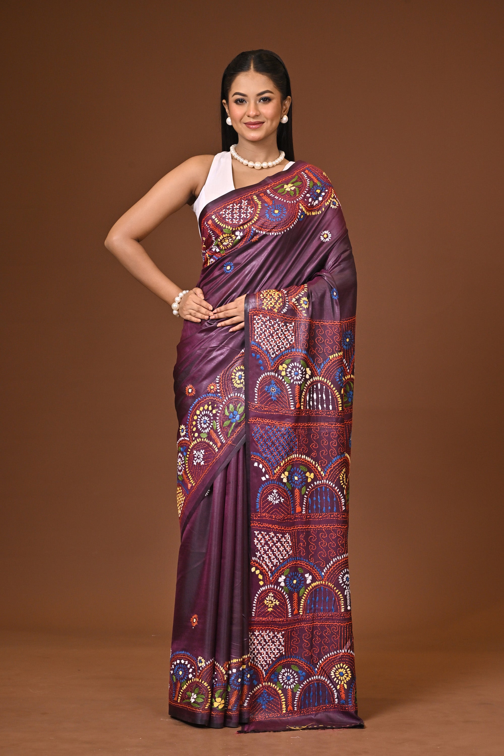 Blended Silk Kantha Stitch Saree Brown Thumbnail