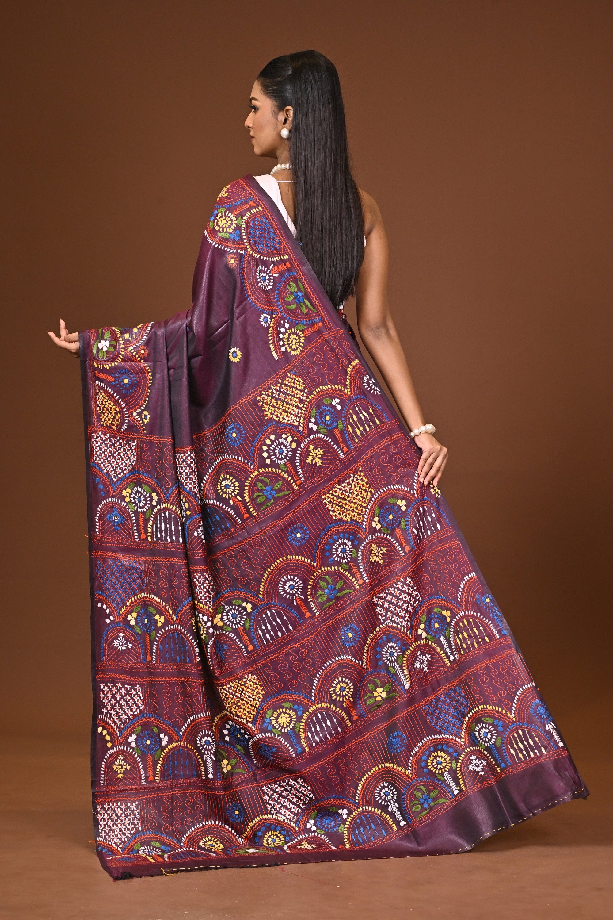 Blended Silk Kantha Stitch Saree Brown Thumbnail