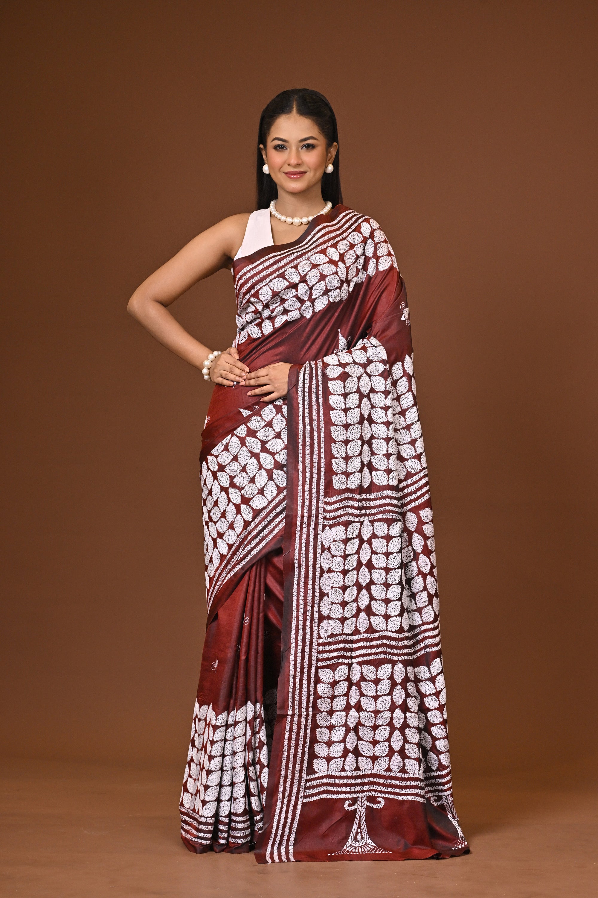 Blended Silk Kantha Stitch Saree Brown Thumbnail