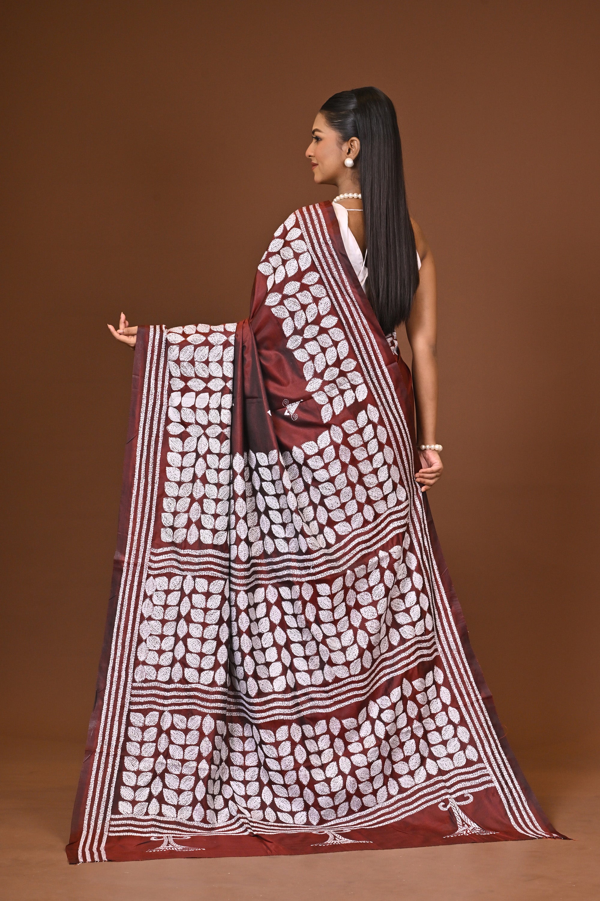 Blended Silk Kantha Stitch Saree Brown Thumbnail