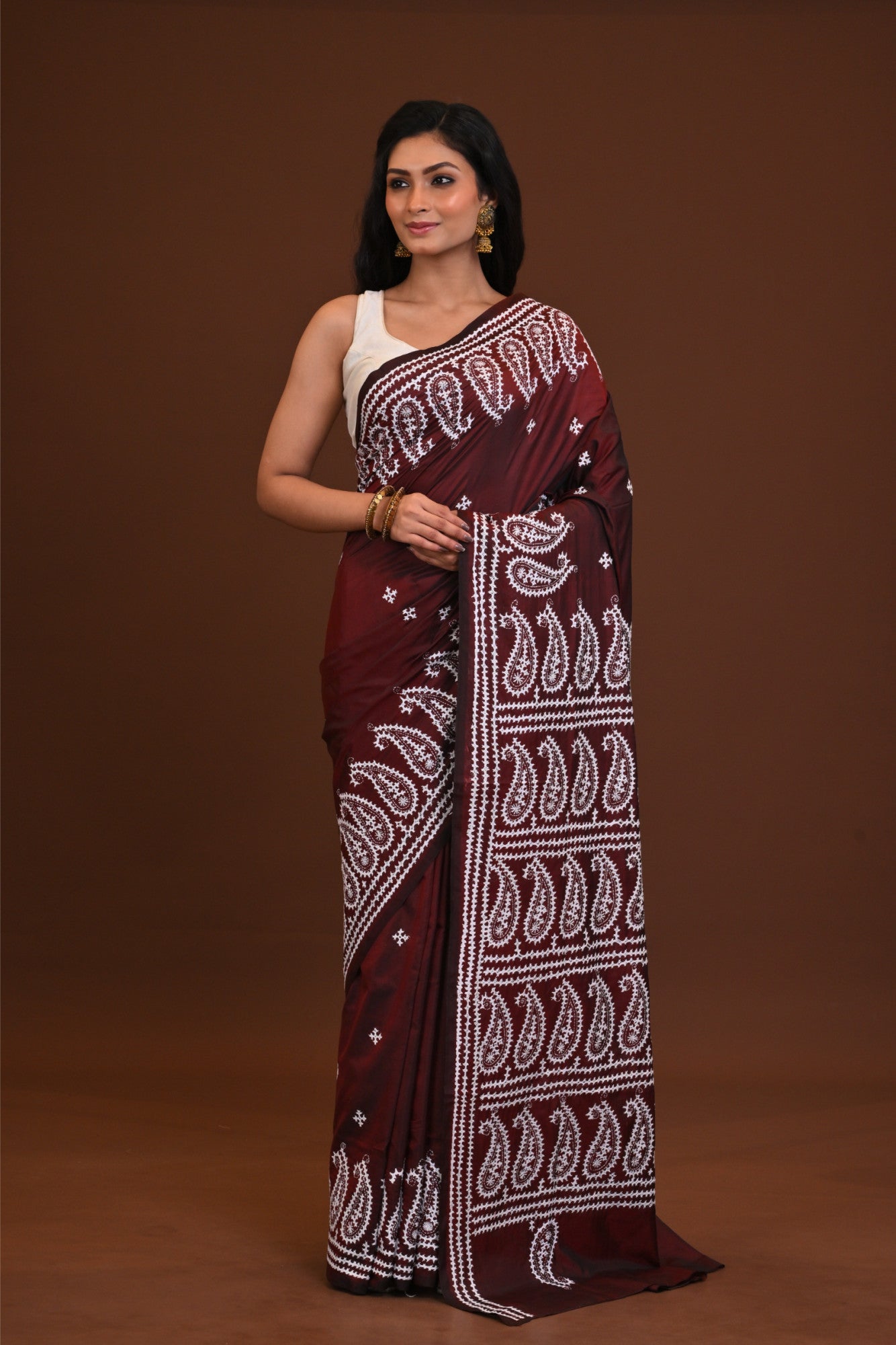 Blended Silk Kantha Stitch Saree Brown Thumbnail