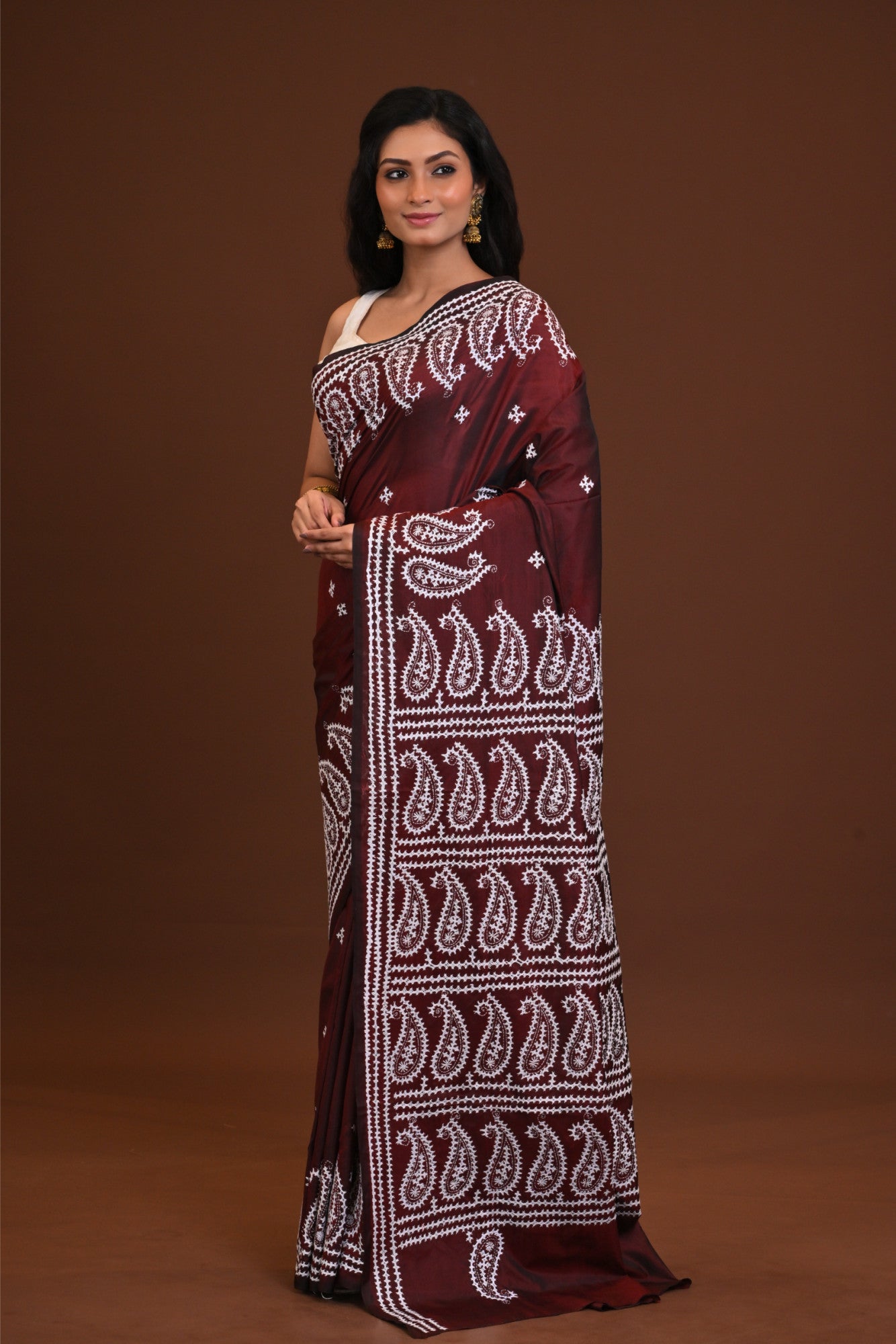 Blended Silk Kantha Stitch Saree Brown Thumbnail
