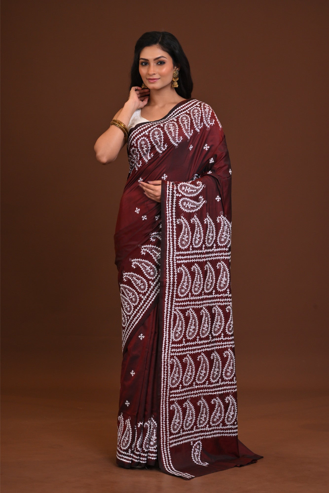 Blended Silk Kantha Stitch Saree Brown Thumbnail