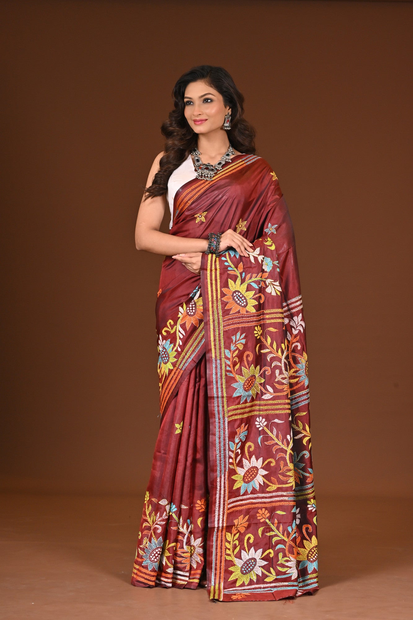 Blended Silk Kantha Stitch Saree Brown Thumbnail