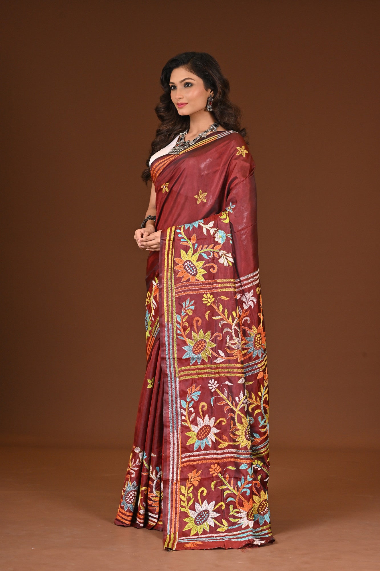 Blended Silk Kantha Stitch Saree Brown Thumbnail