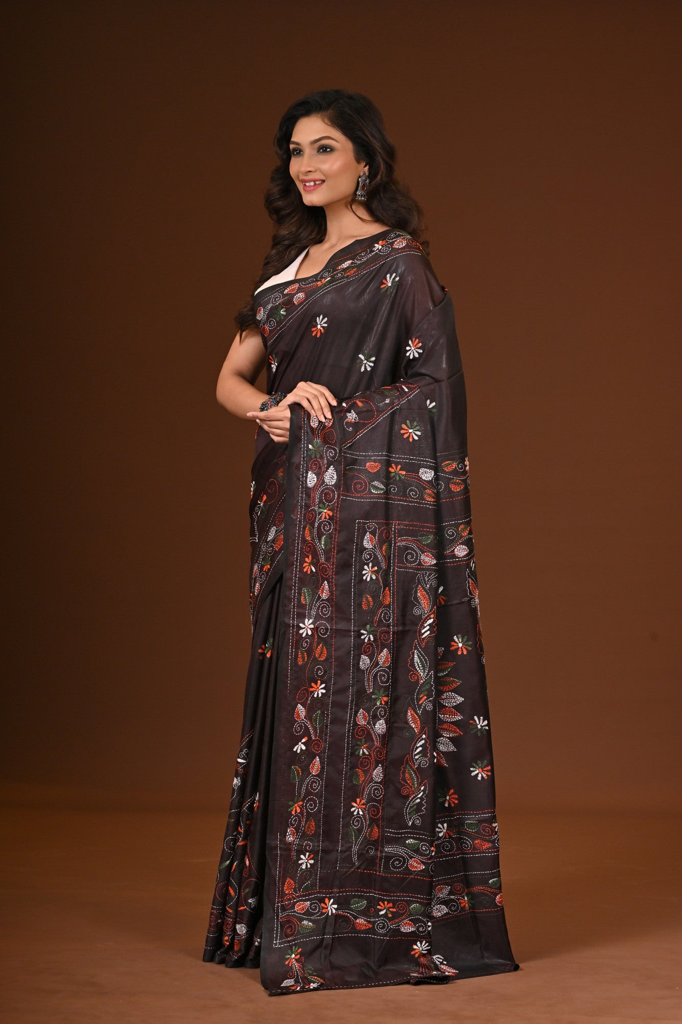 Blended Silk Kantha Stitch Saree Brown Thumbnail