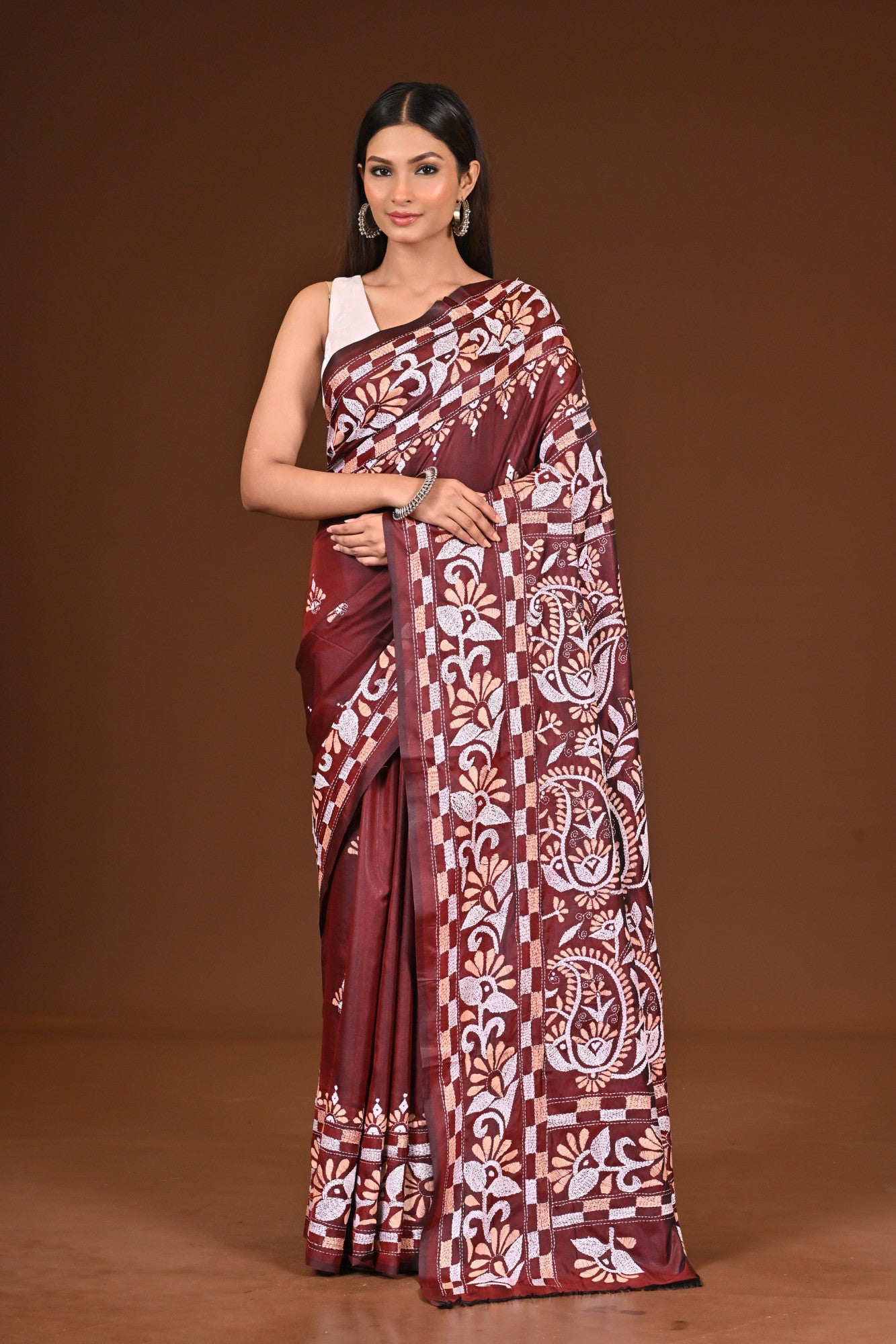Blended Silk Kantha Stitch Saree Brown Thumbnail