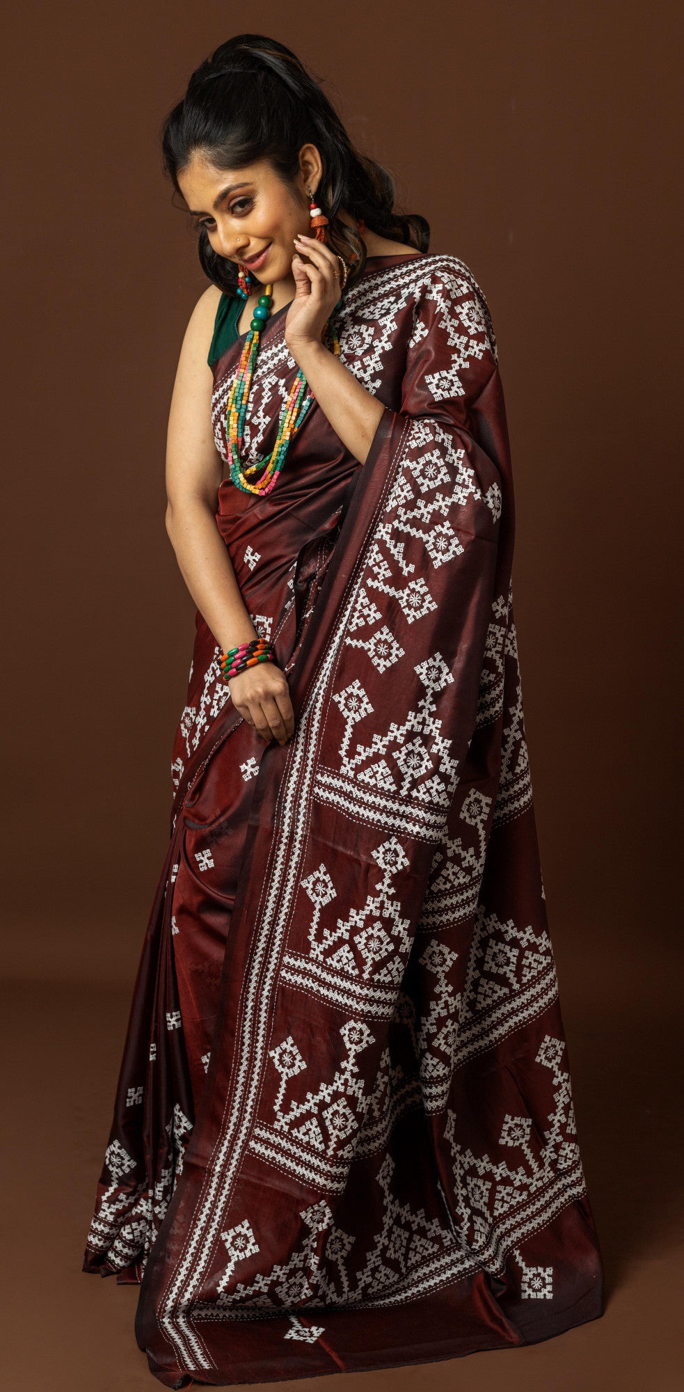 Blended Silk Kantha Stitch Saree Brown