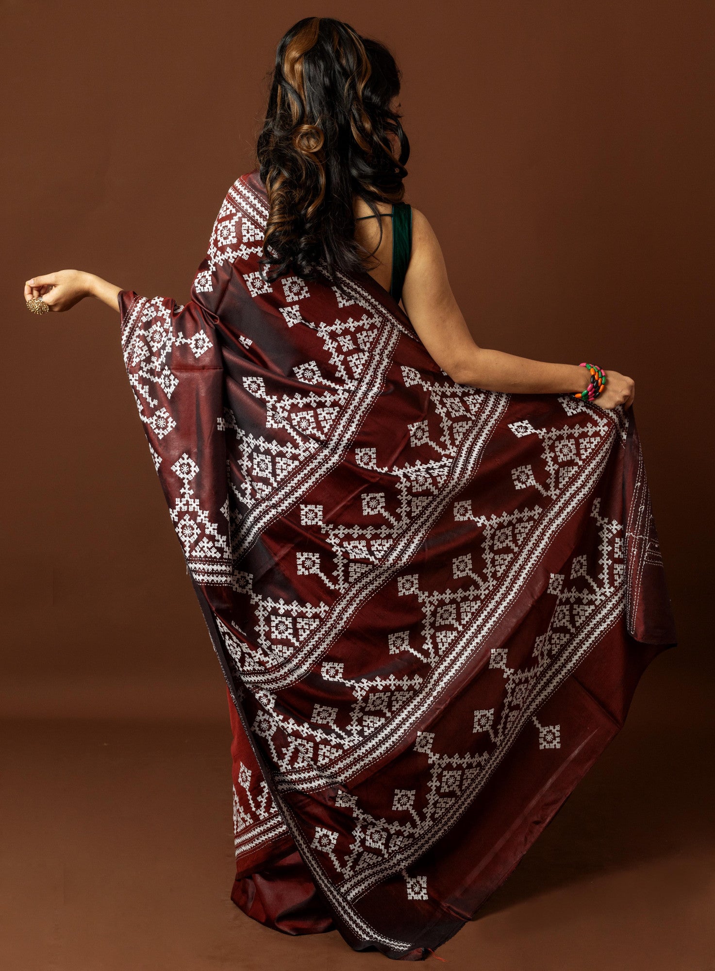 Blended Silk Kantha Stitch Saree Brown Thumbnail