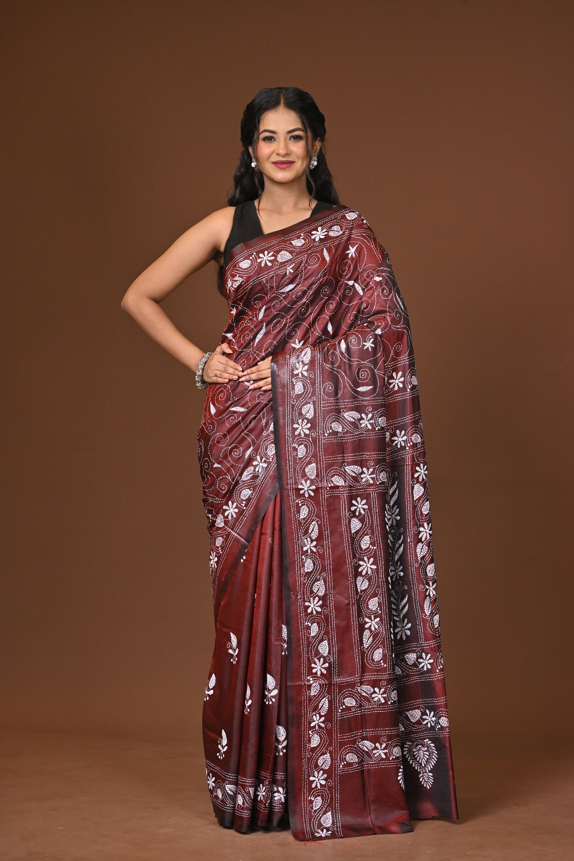 Blended Silk Kantha Stitch Saree Brown