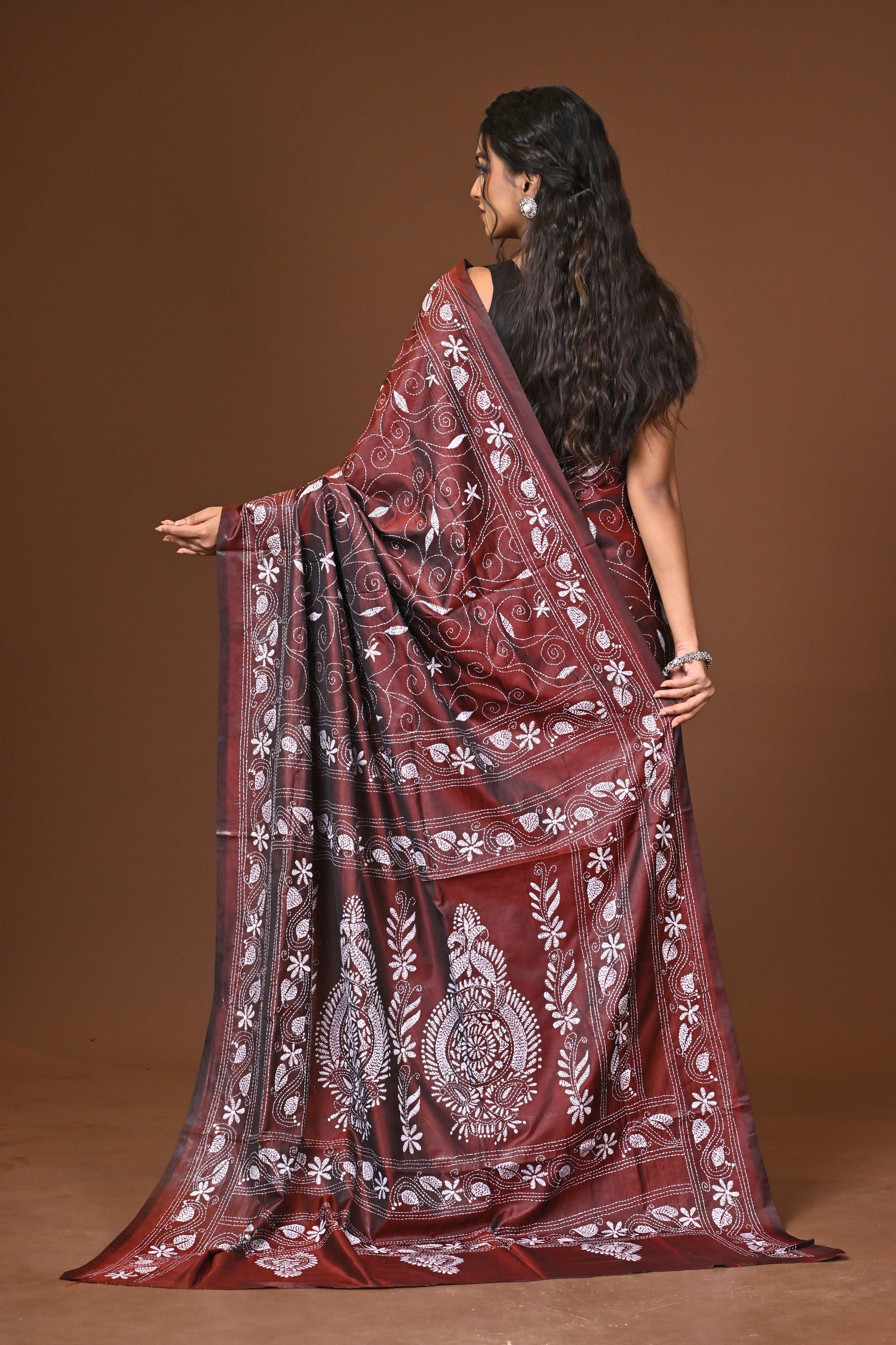Blended Silk Kantha Stitch Saree Brown Thumbnail