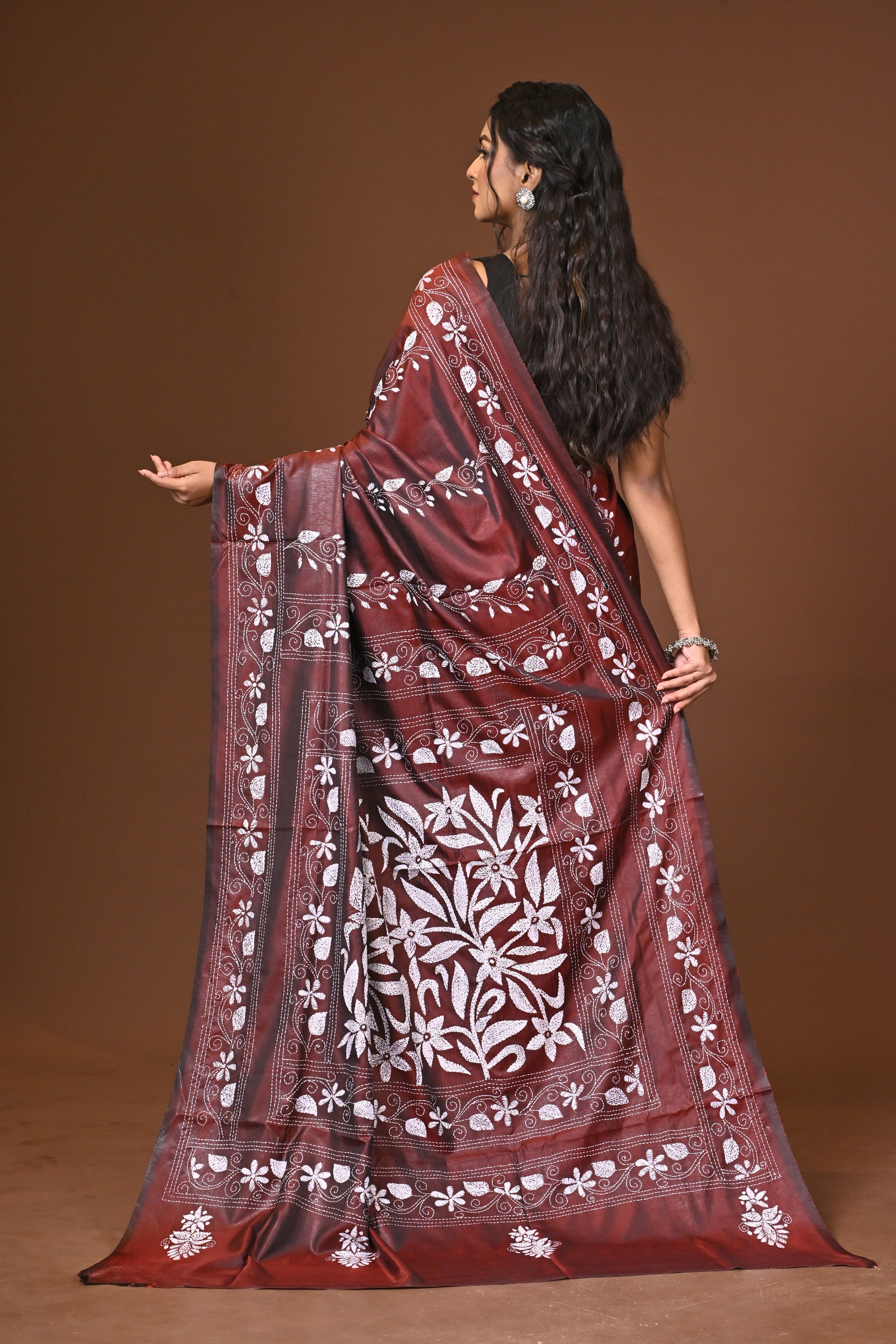 Blended Silk Kantha Stitch Saree Brown Thumbnail