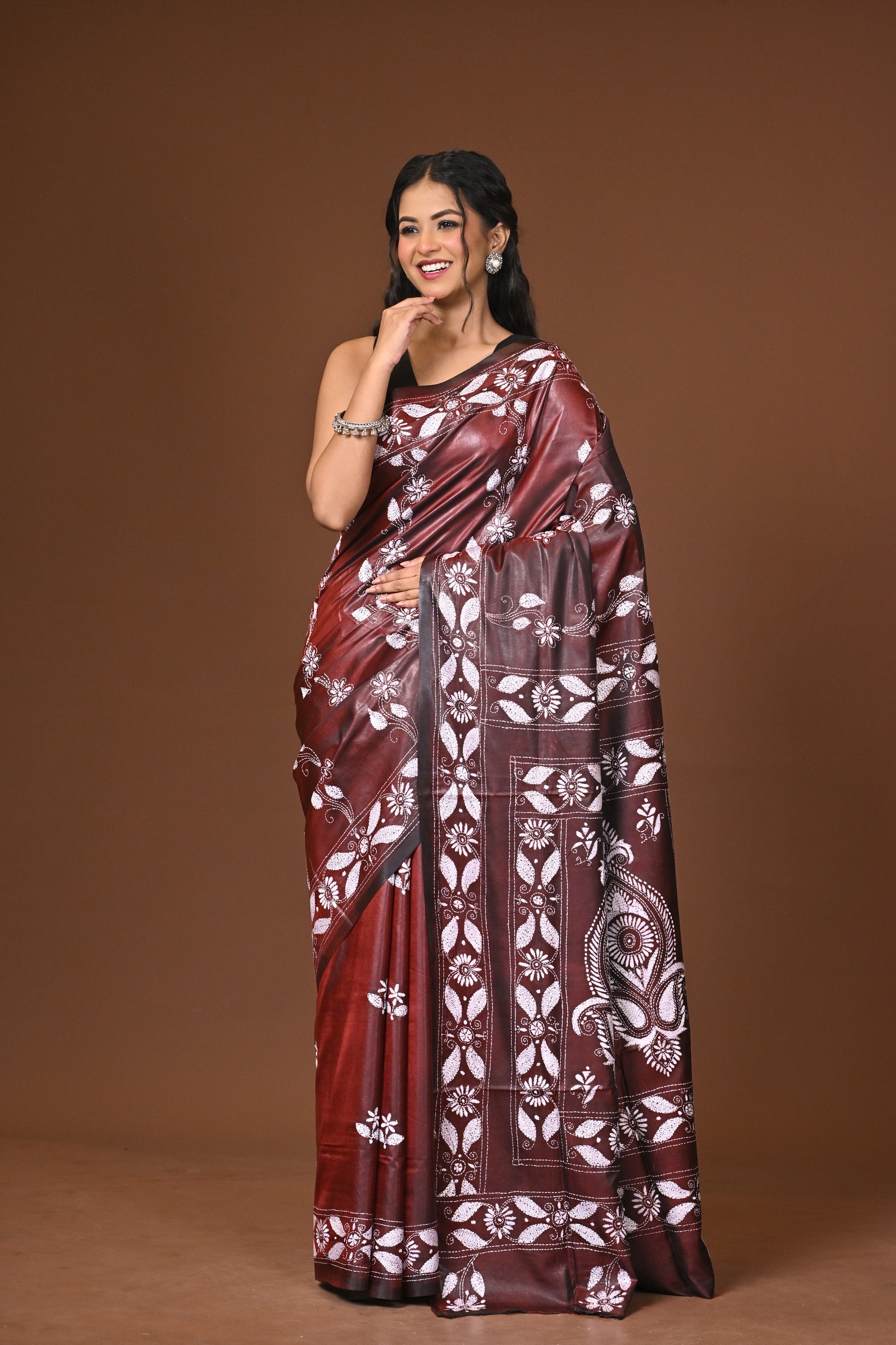 Blended Silk Kantha Stitch Saree Brown Thumbnail