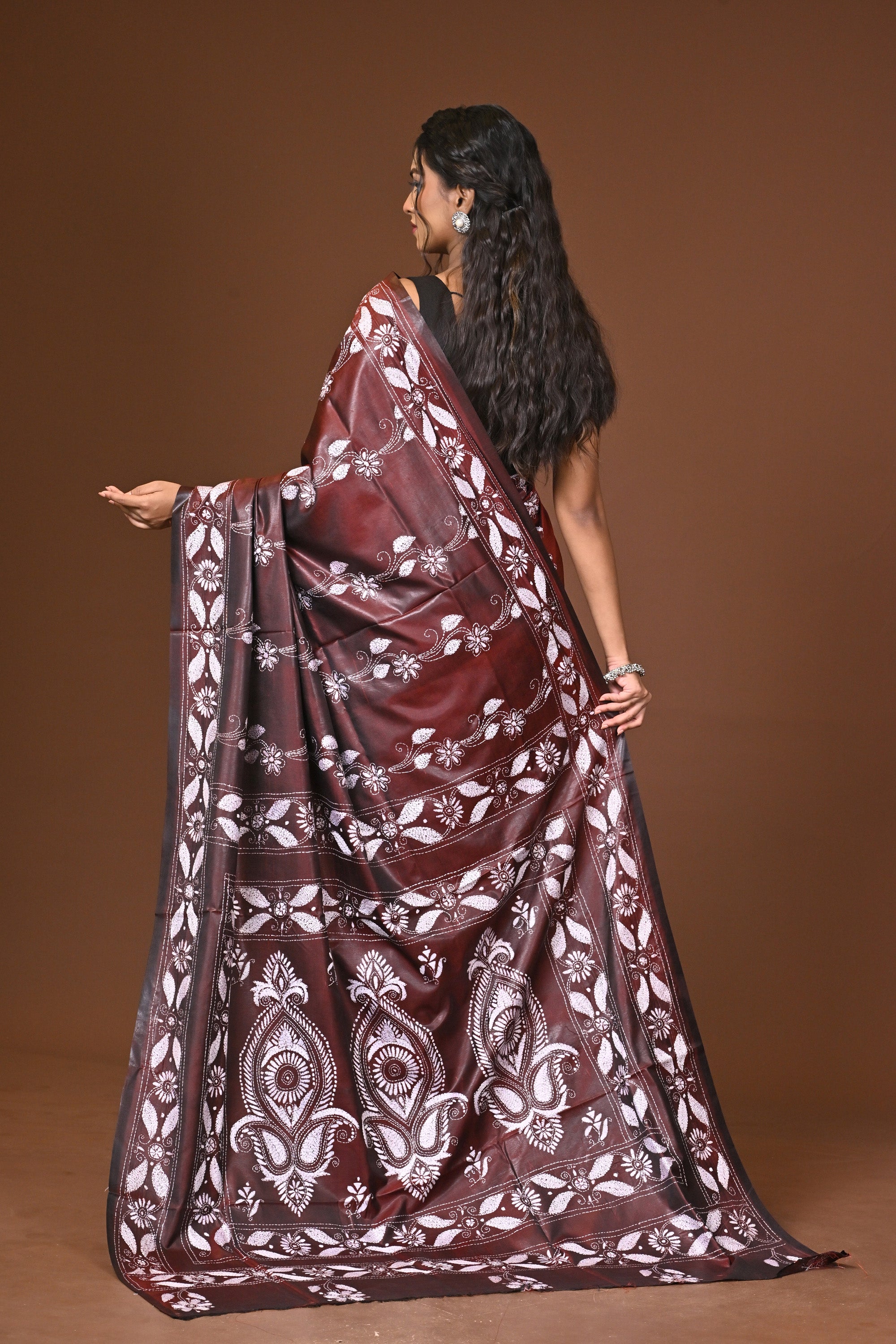 Blended Silk Kantha Stitch Saree Brown Thumbnail