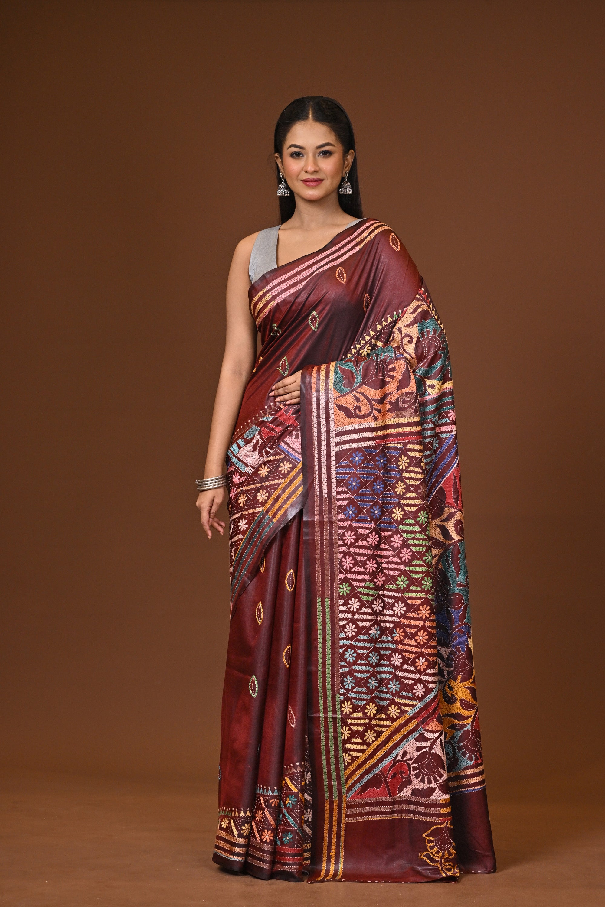 Blended Silk Kantha Stitch Saree Brown