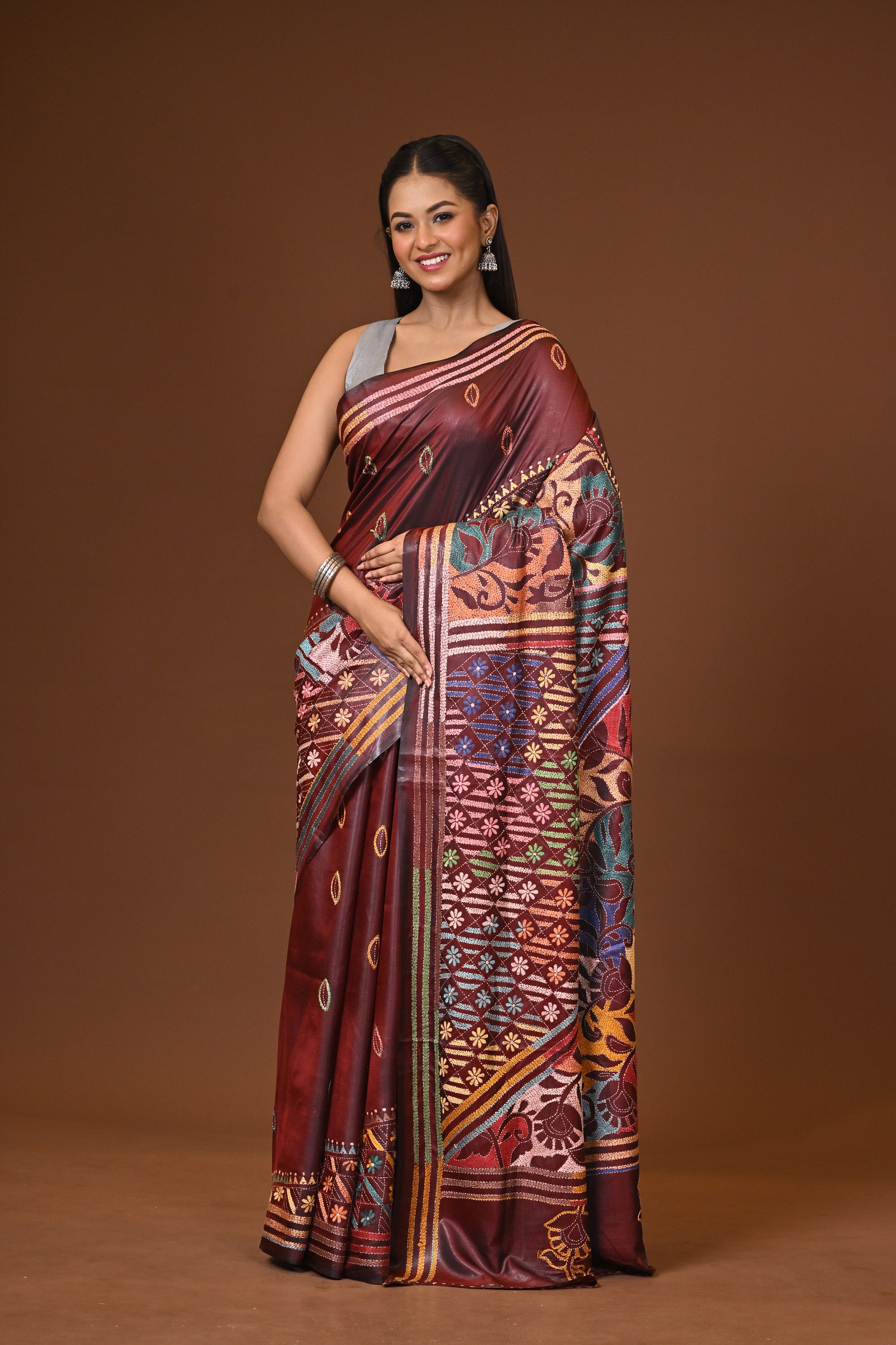 Blended Silk Kantha Stitch Saree Brown Thumbnail