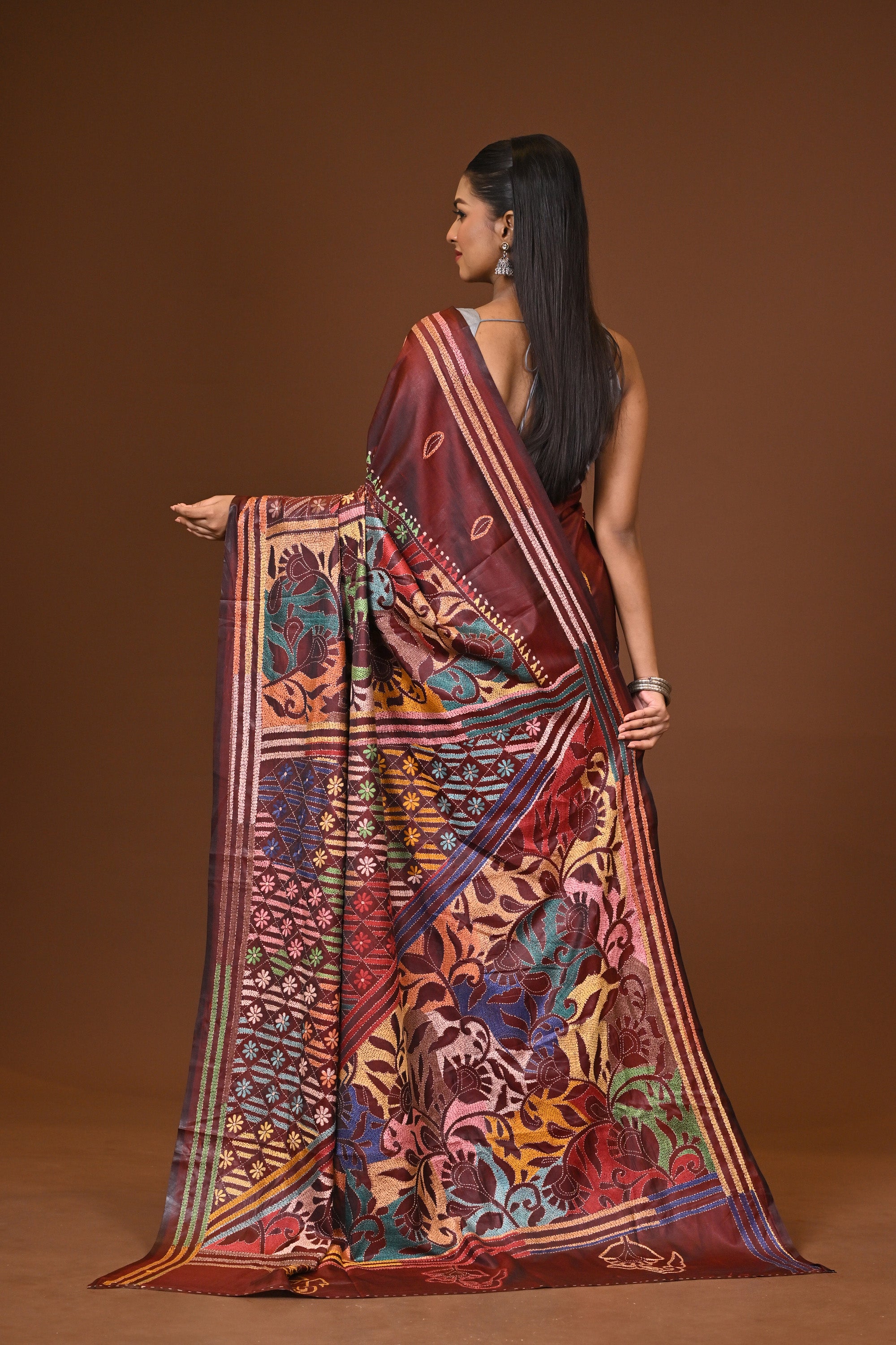 Blended Silk Kantha Stitch Saree Brown Thumbnail