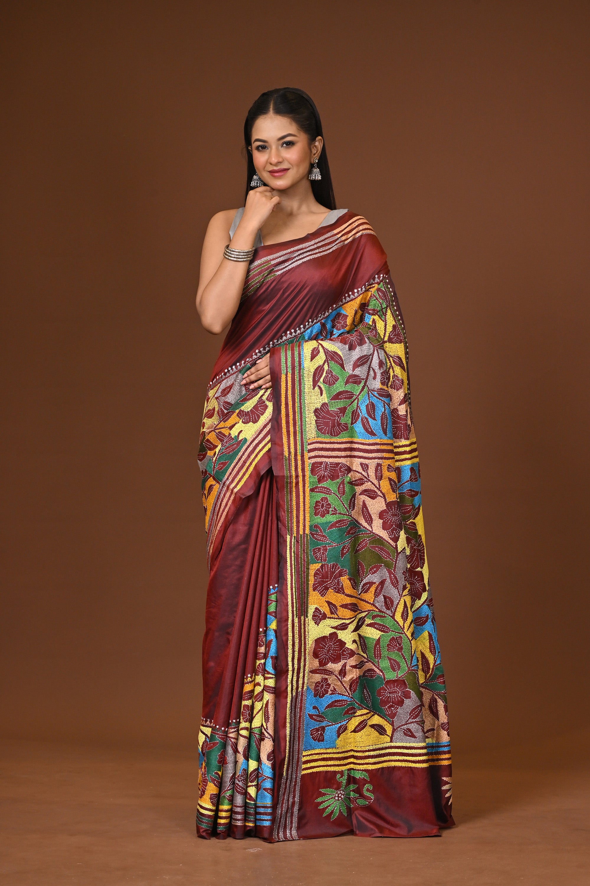 Blended Silk Kantha Stitch Saree Brown Thumbnail