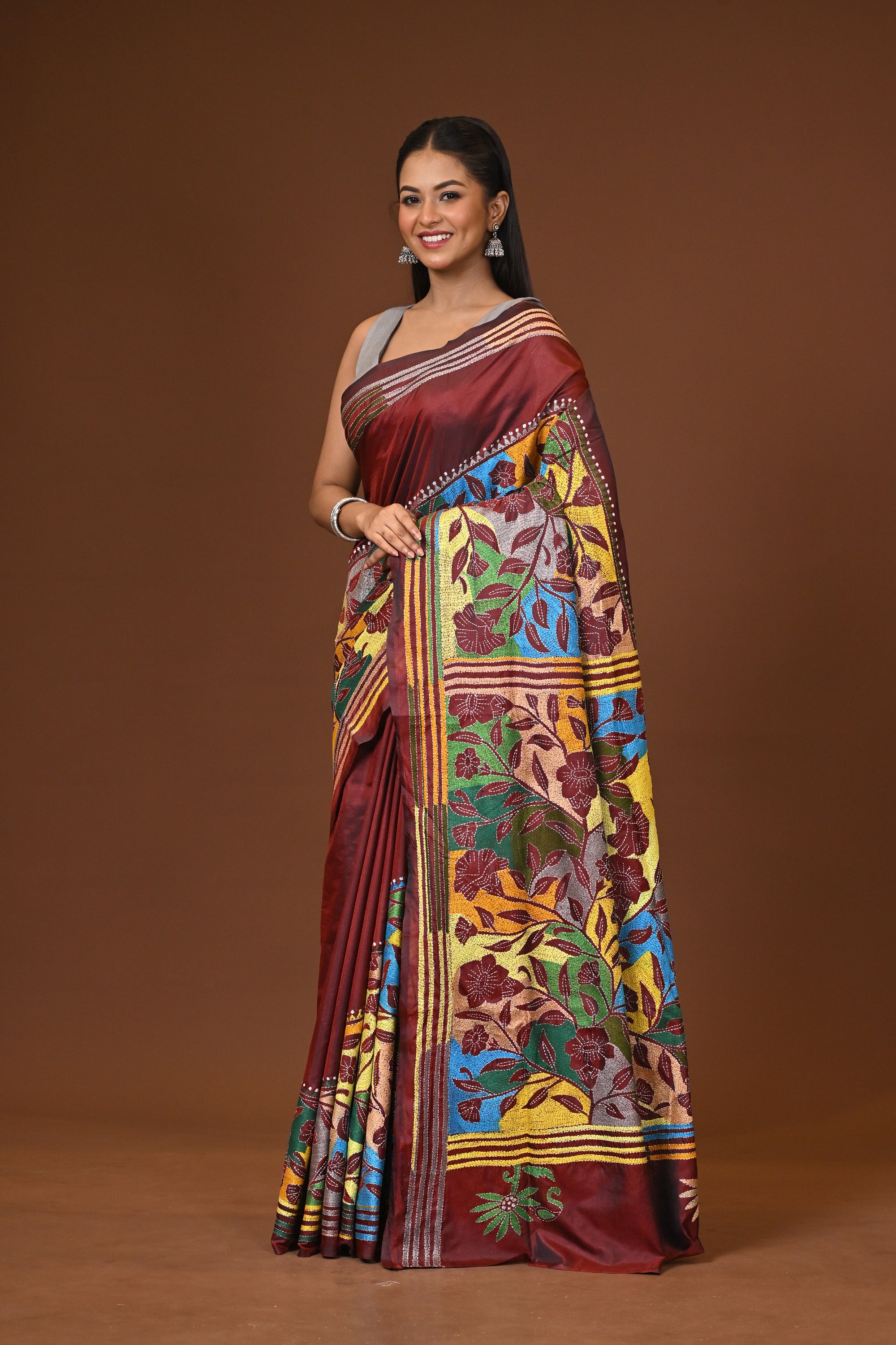 Blended Silk Kantha Stitch Saree Brown Thumbnail