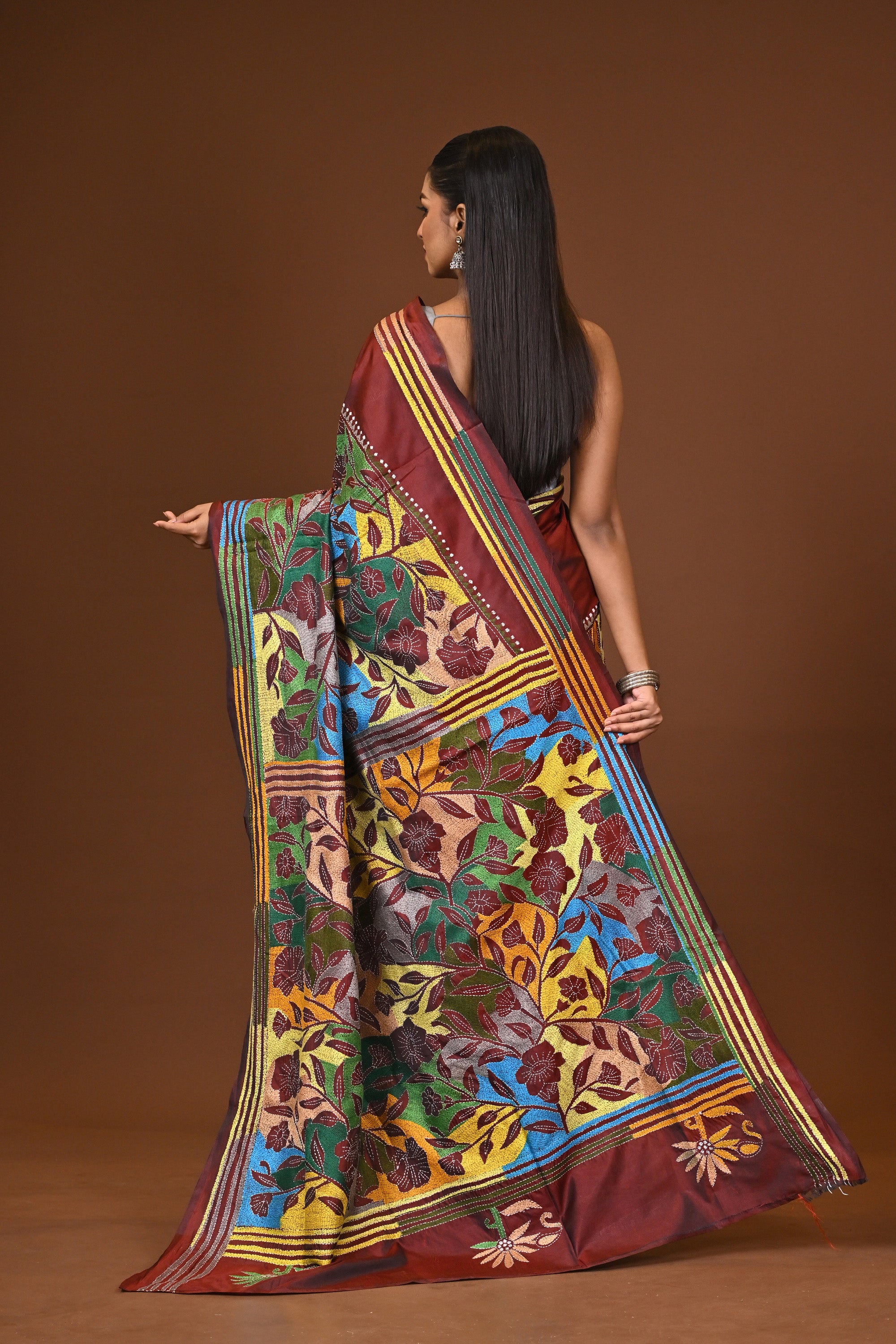 Blended Silk Kantha Stitch Saree Brown Thumbnail