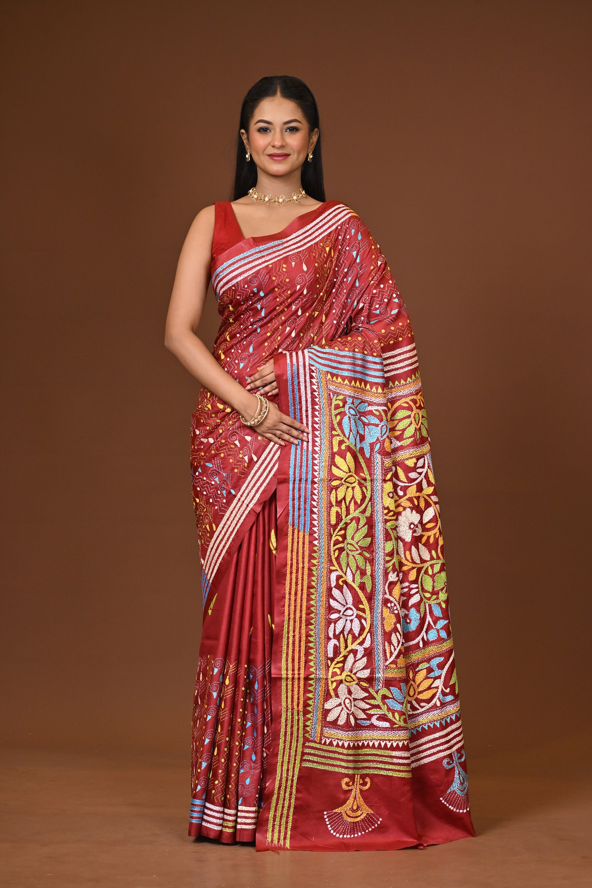 Blended Silk Kantha Stitch Saree Brown