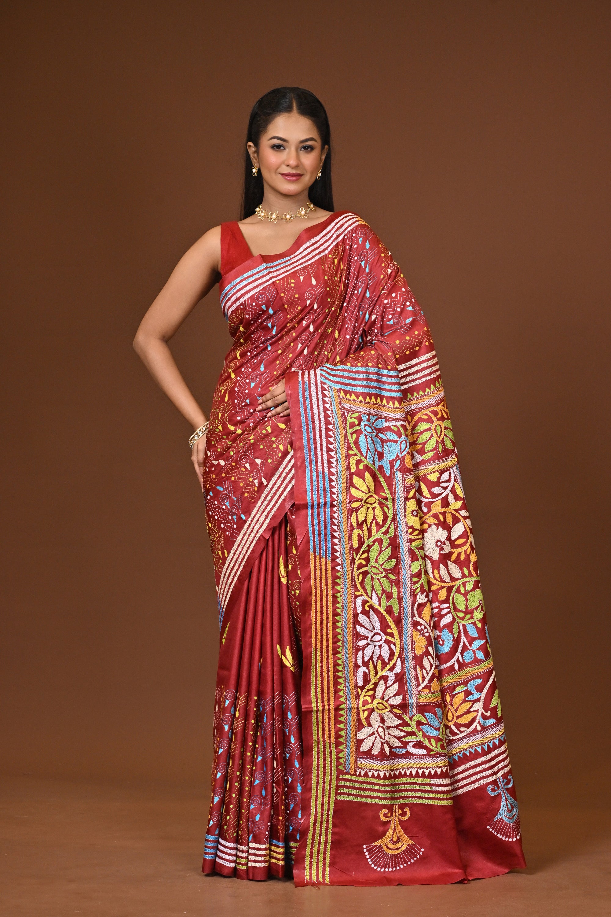 Blended Silk Kantha Stitch Saree Brown Thumbnail