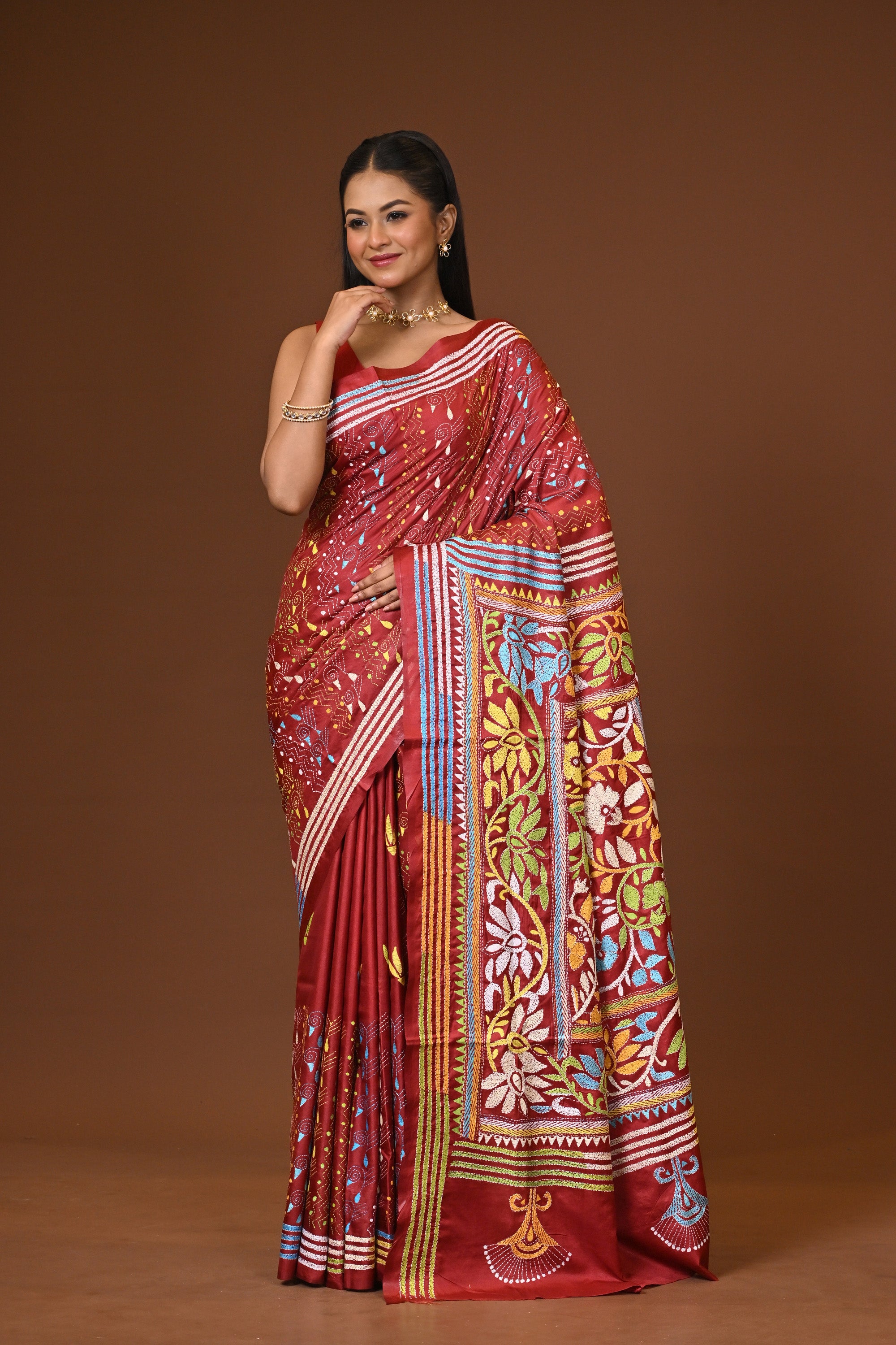 Blended Silk Kantha Stitch Saree Brown Thumbnail