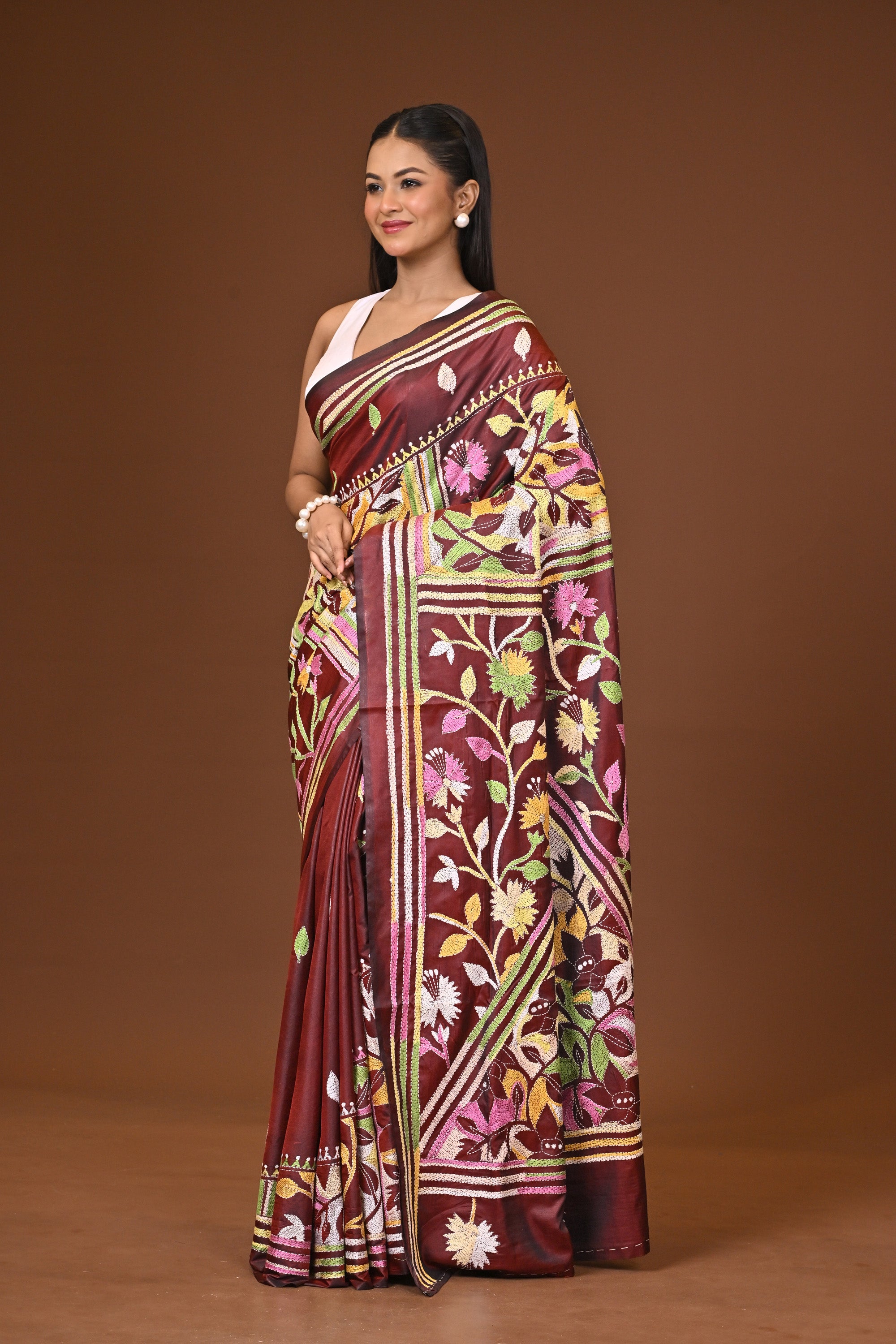Blended Silk Kantha Stitch Saree Brown Thumbnail