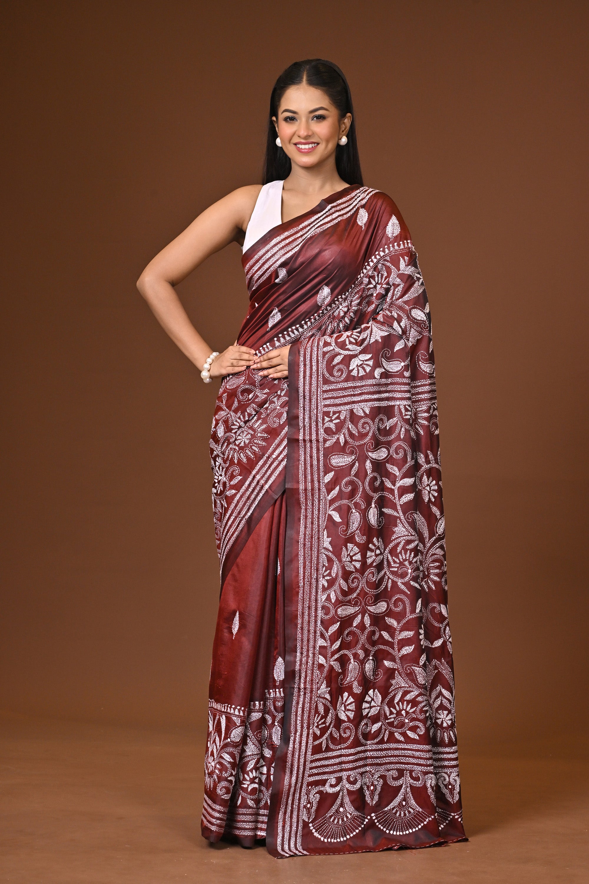 Blended Silk Kantha Stitch Saree Brown Thumbnail