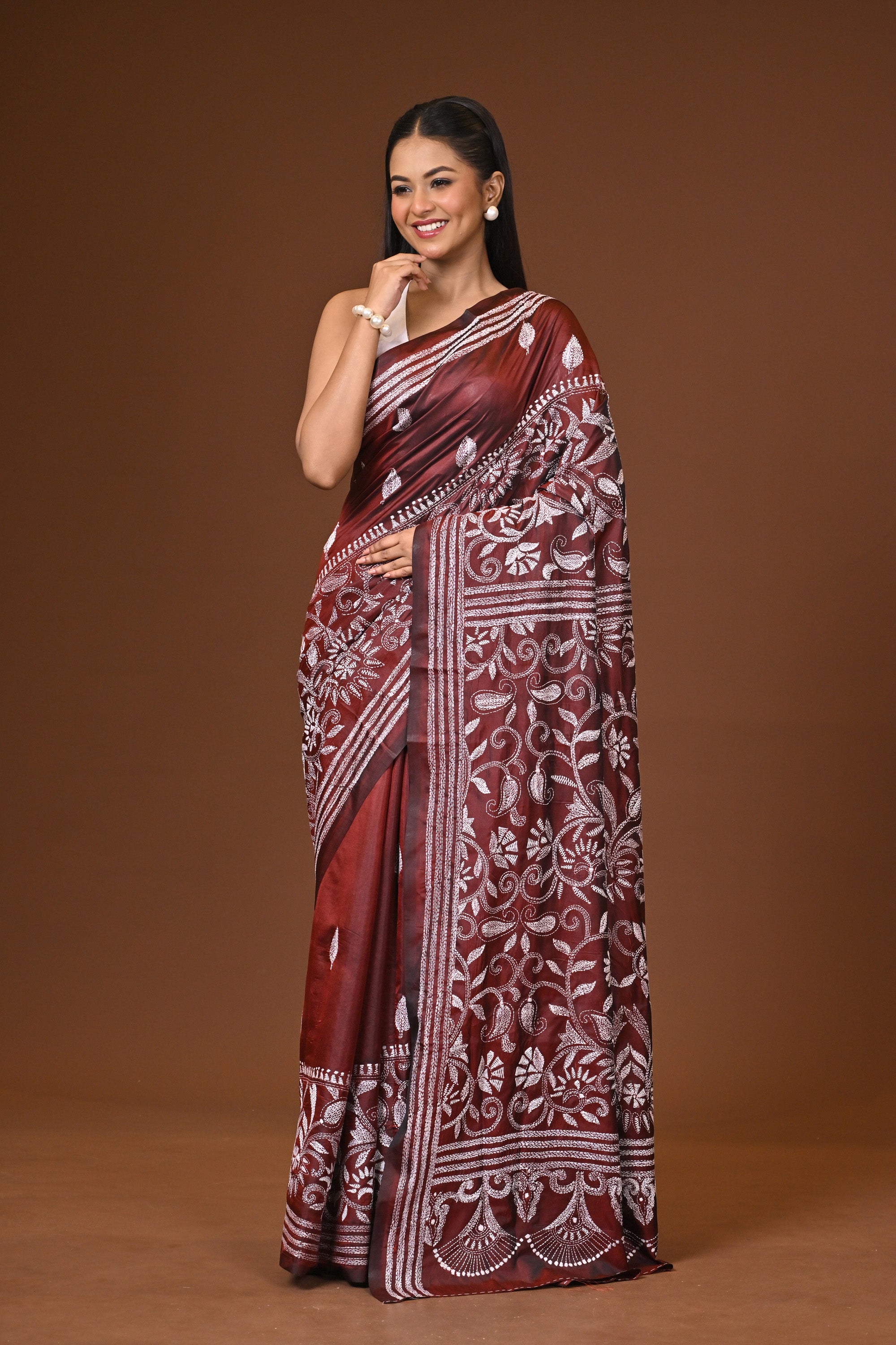 Blended Silk Kantha Stitch Saree Brown Thumbnail