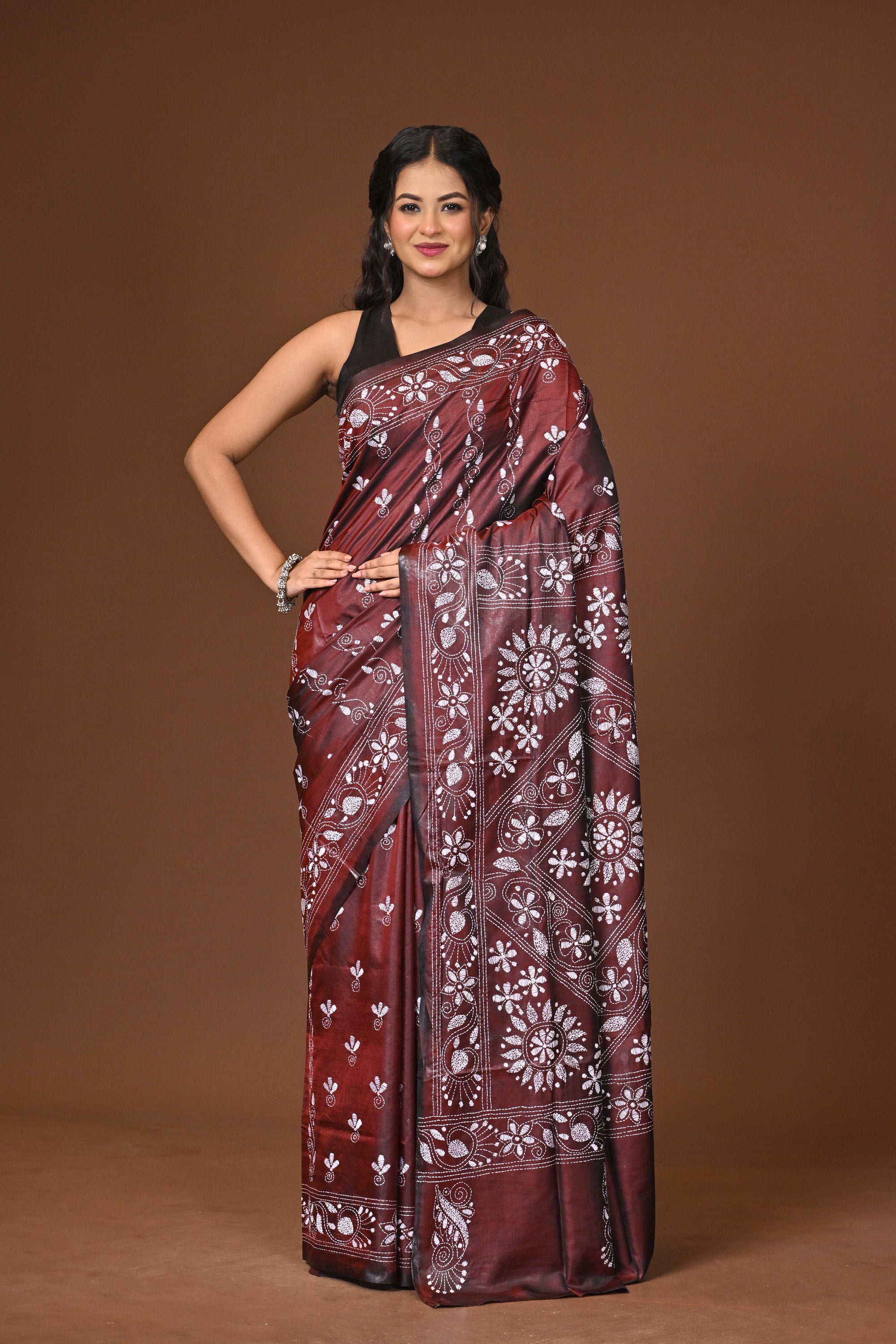 Blended Silk Kantha Stitch Saree Brown Thumbnail