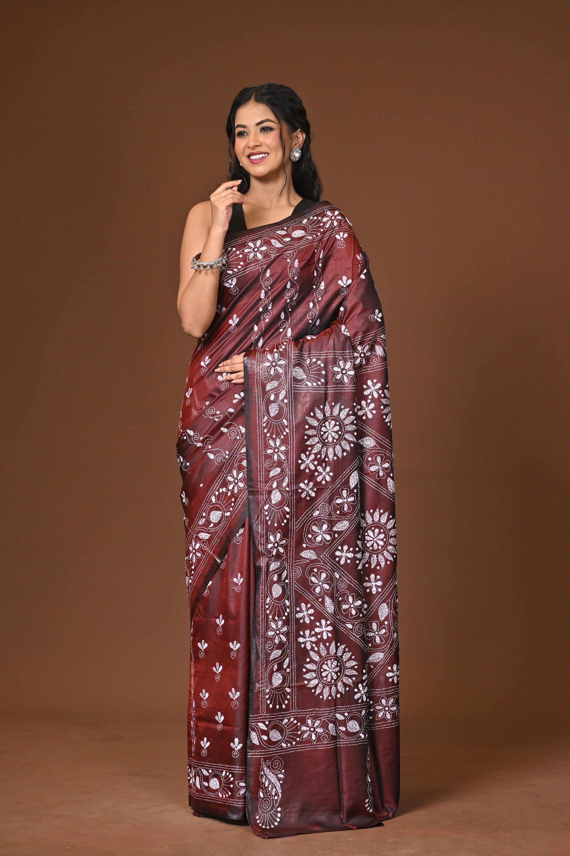 Blended Silk Kantha Stitch Saree Brown Thumbnail
