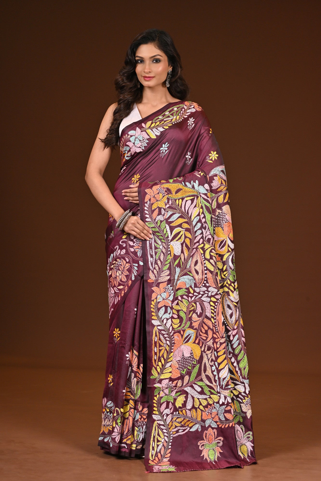 Blended Silk Kantha Stitch Saree Chocolate Truffle