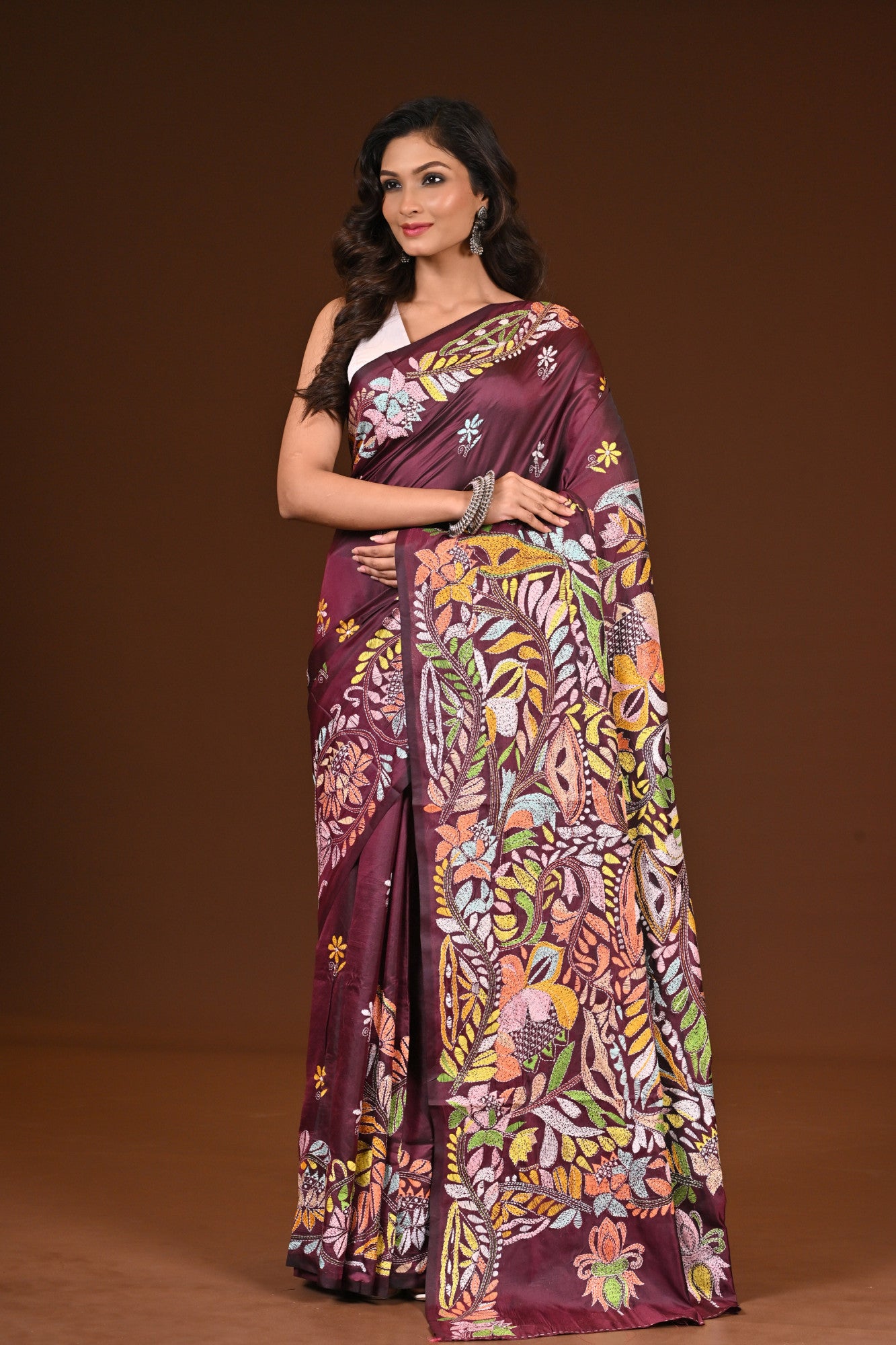 Blended Silk Kantha Stitch Saree Chocolate Truffle Thumbnail
