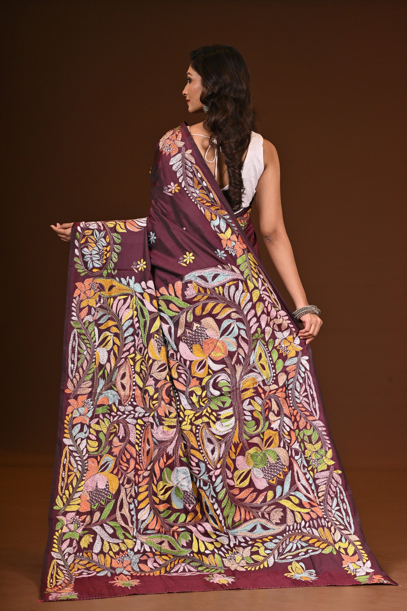 Blended Silk Kantha Stitch Saree Chocolate Truffle Thumbnail