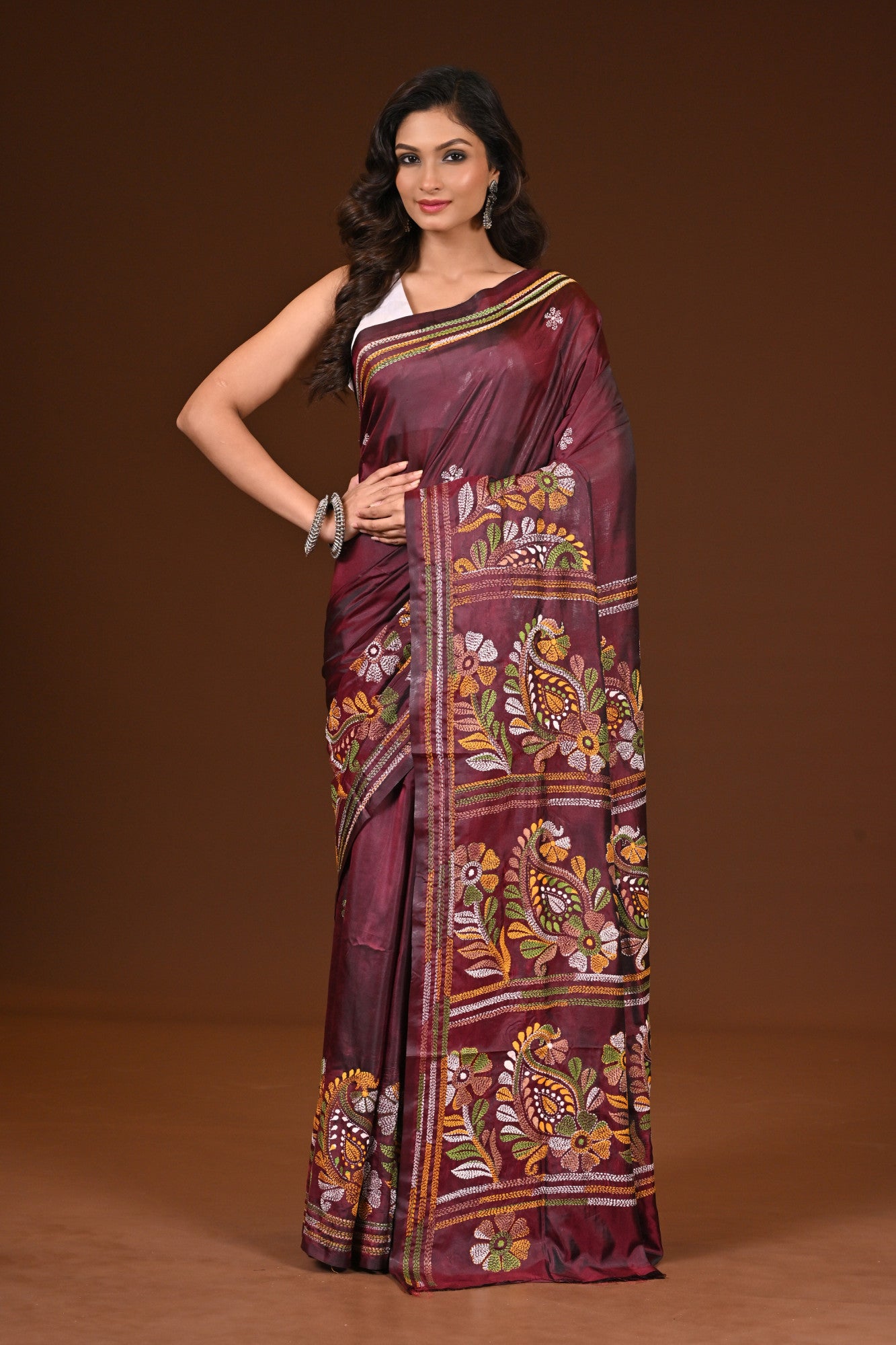 Blended Silk Kantha Stitch Saree Chocolate Truffle Thumbnail
