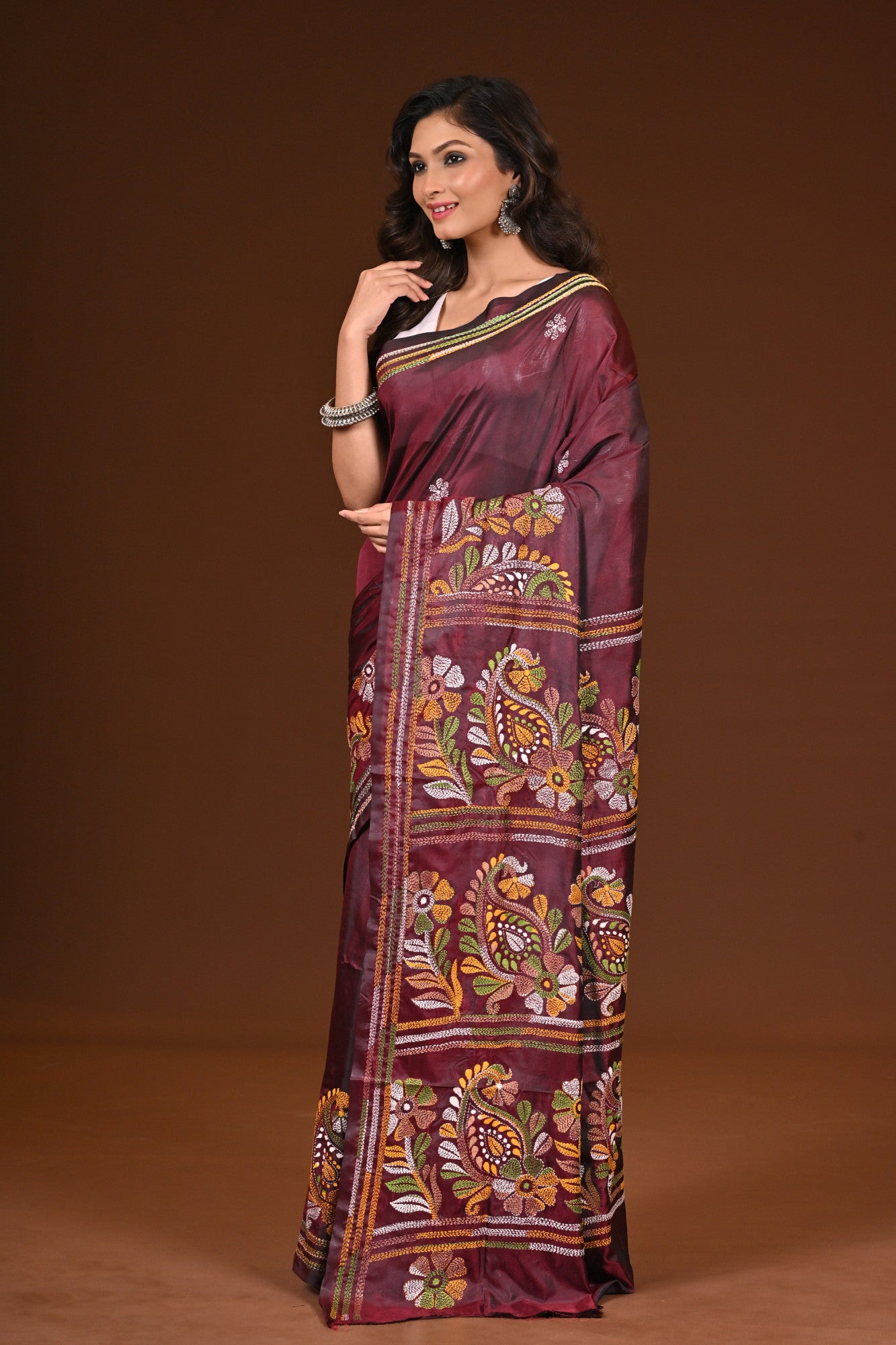 Blended Silk Kantha Stitch Saree Chocolate Truffle Thumbnail