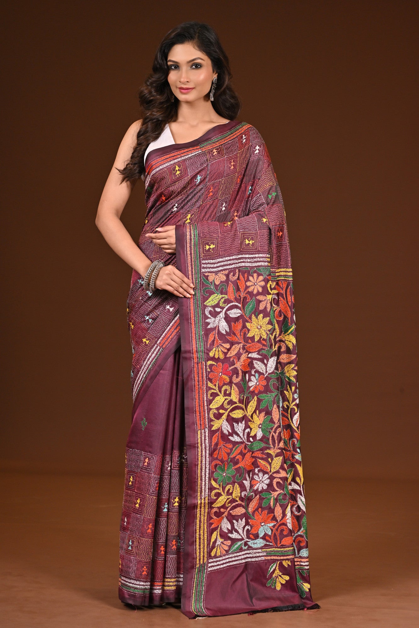 Blended Silk Kantha Stitch Saree Chocolate Truffle