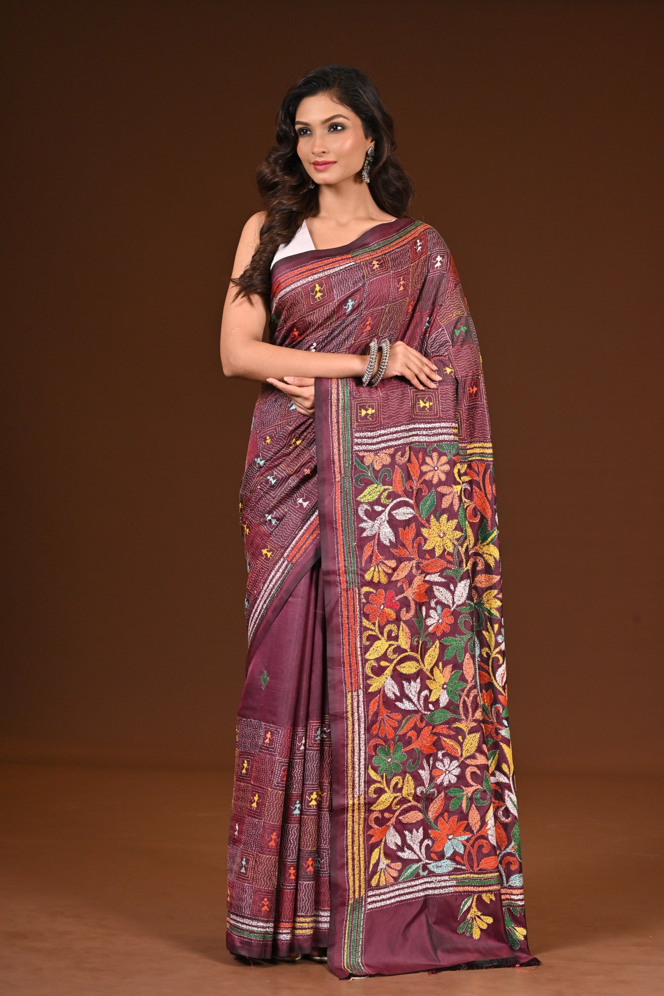 Blended Silk Kantha Stitch Saree Chocolate Truffle Thumbnail