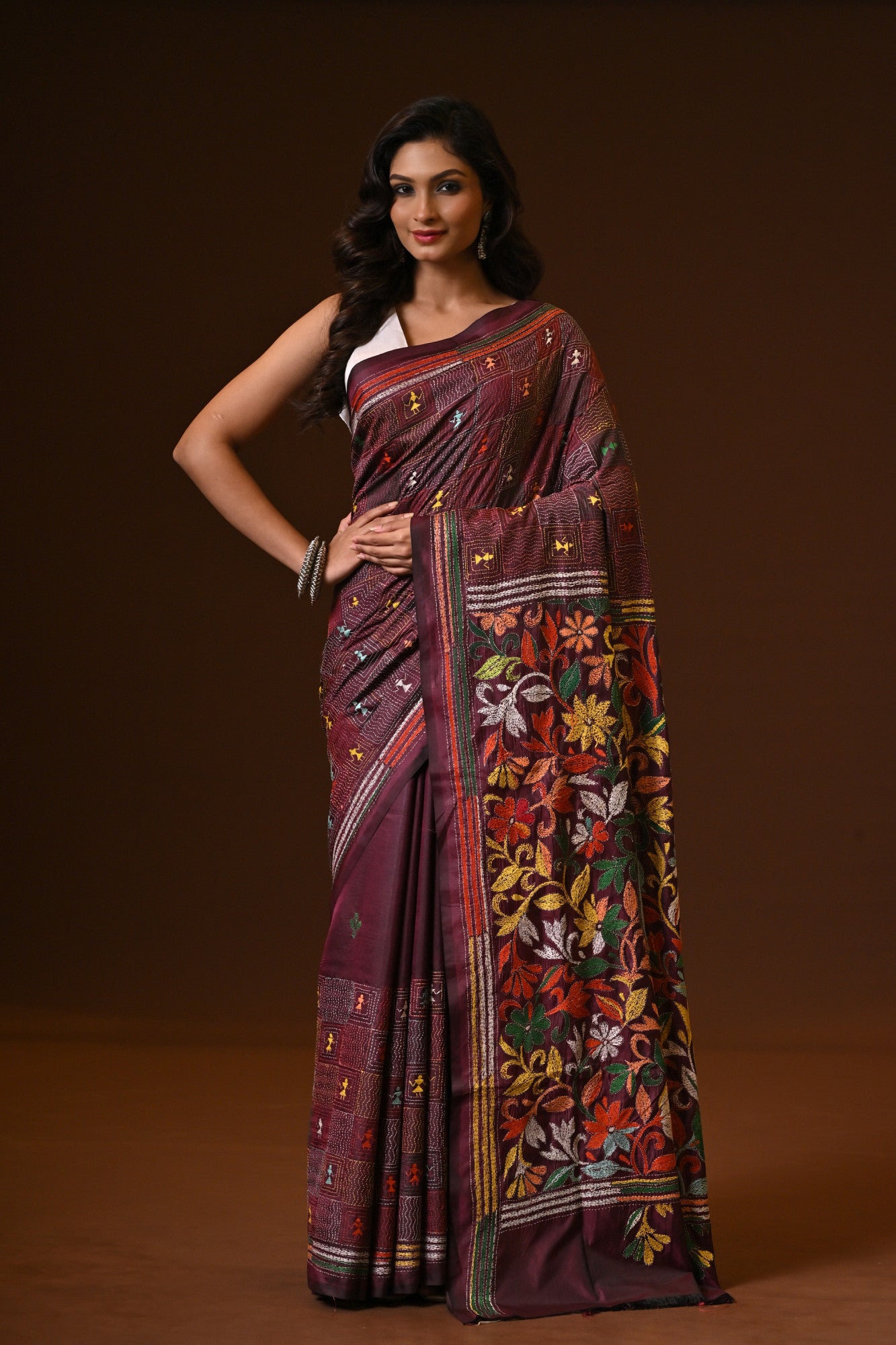 Blended Silk Kantha Stitch Saree Chocolate Truffle Thumbnail