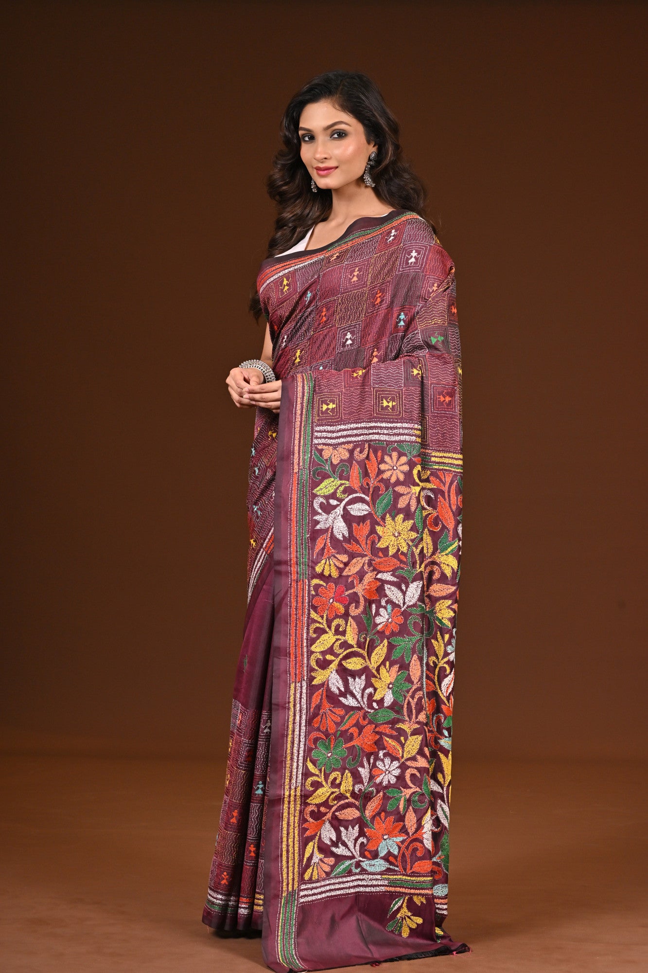 Blended Silk Kantha Stitch Saree Chocolate Truffle Thumbnail